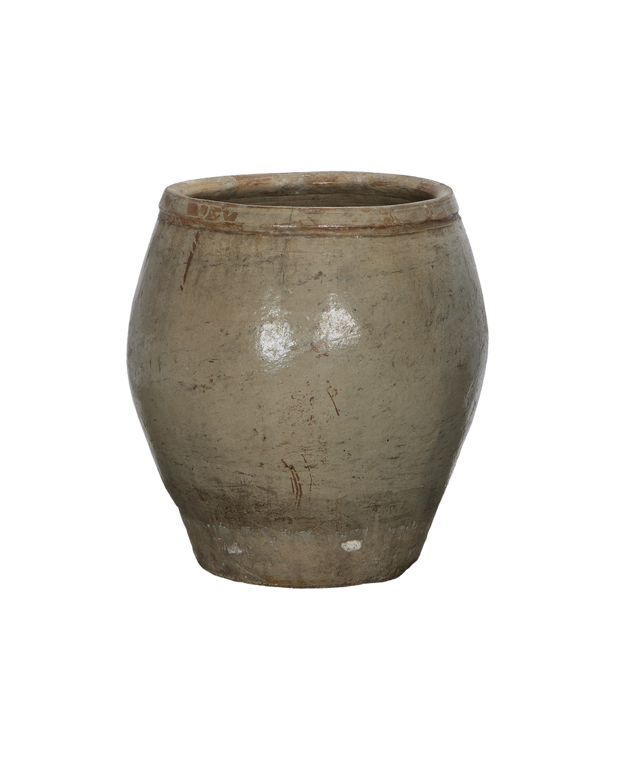 Vintage plum planter, weathered oak, Chinese origin. Distressed texture, light stains, and minor cracks visible.