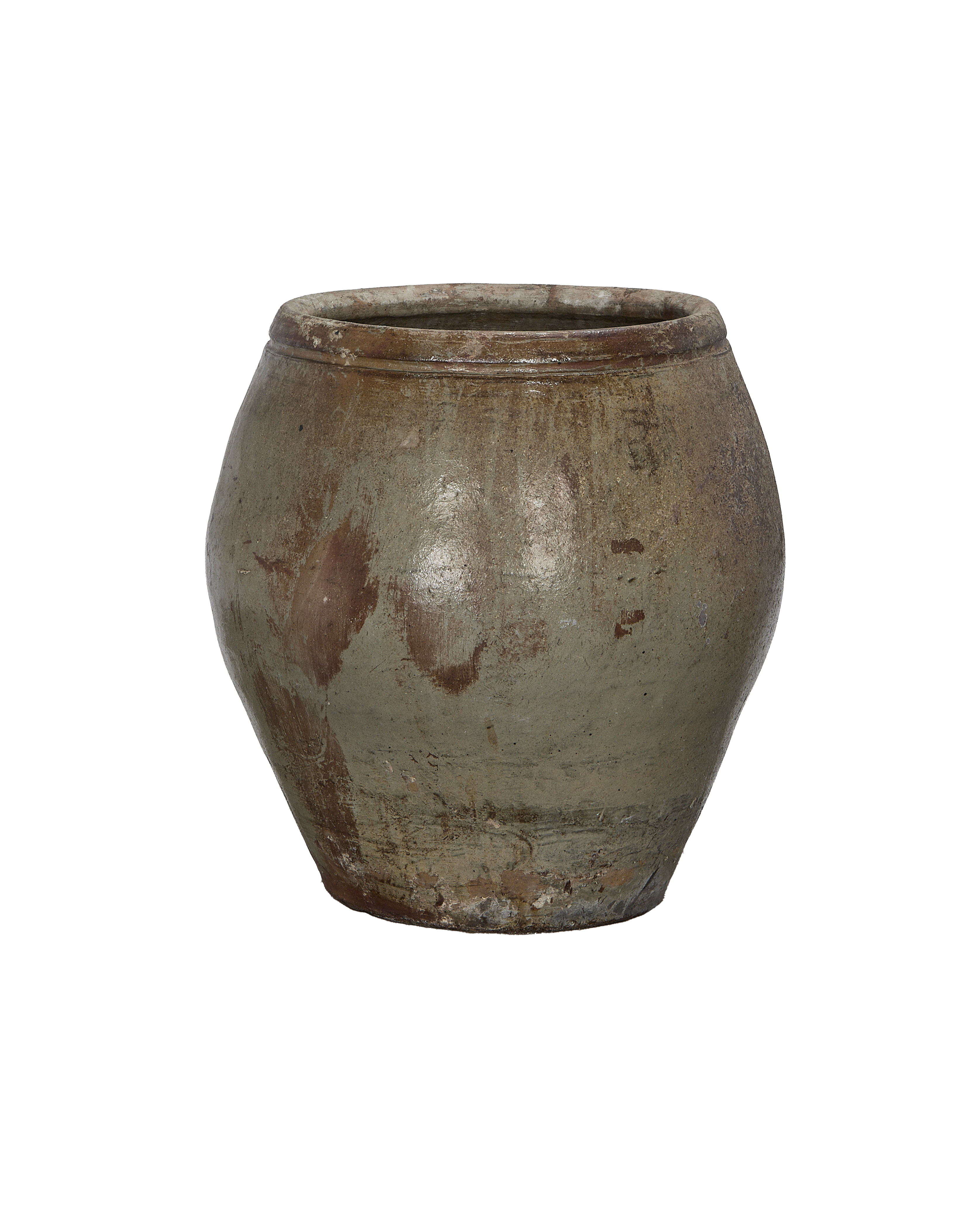 Vintage Chinese OAK ceramic plum planter with weathered, rustic green-brown patina.