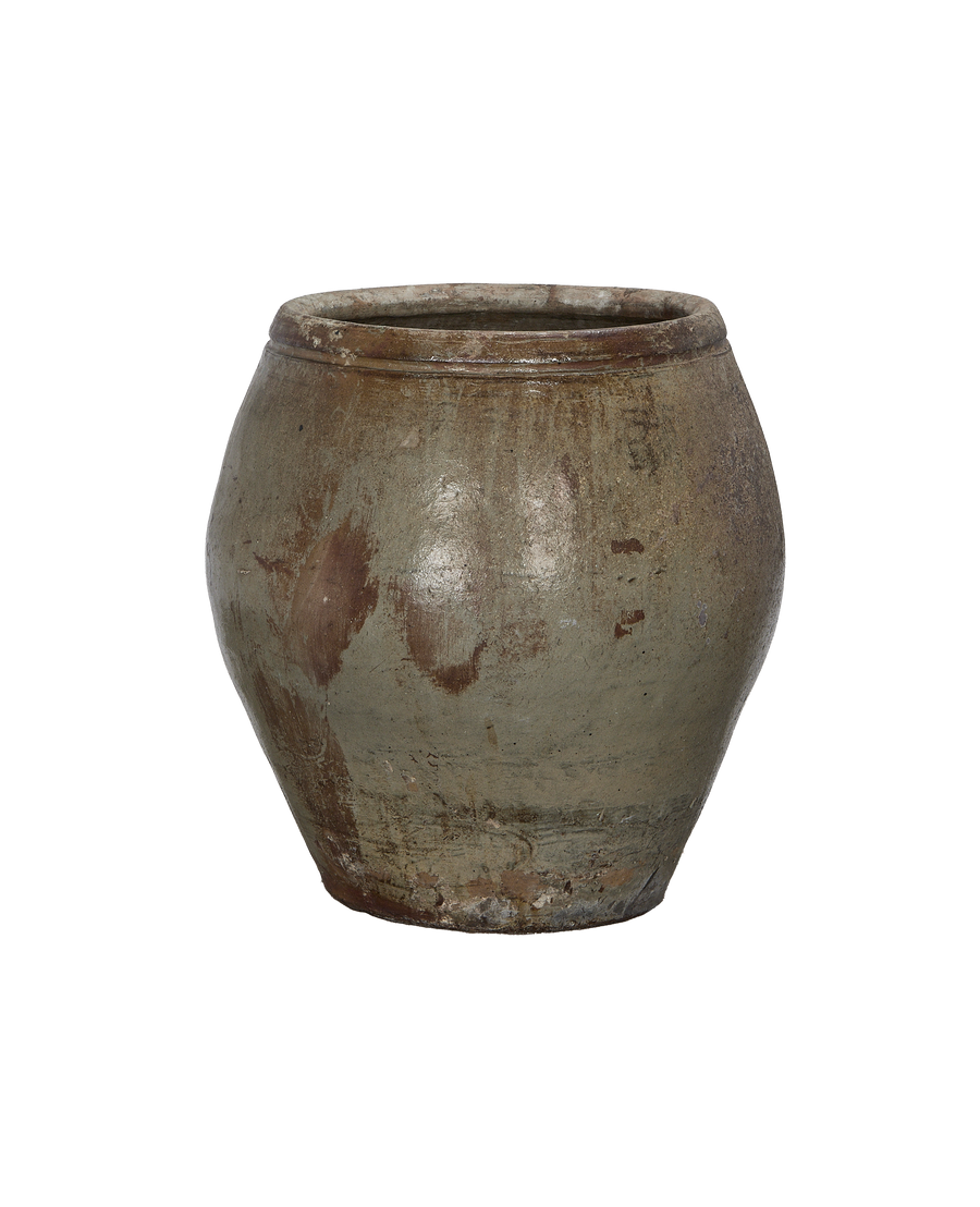 Vintage Chinese OAK ceramic plum planter with weathered, rustic green-brown patina.