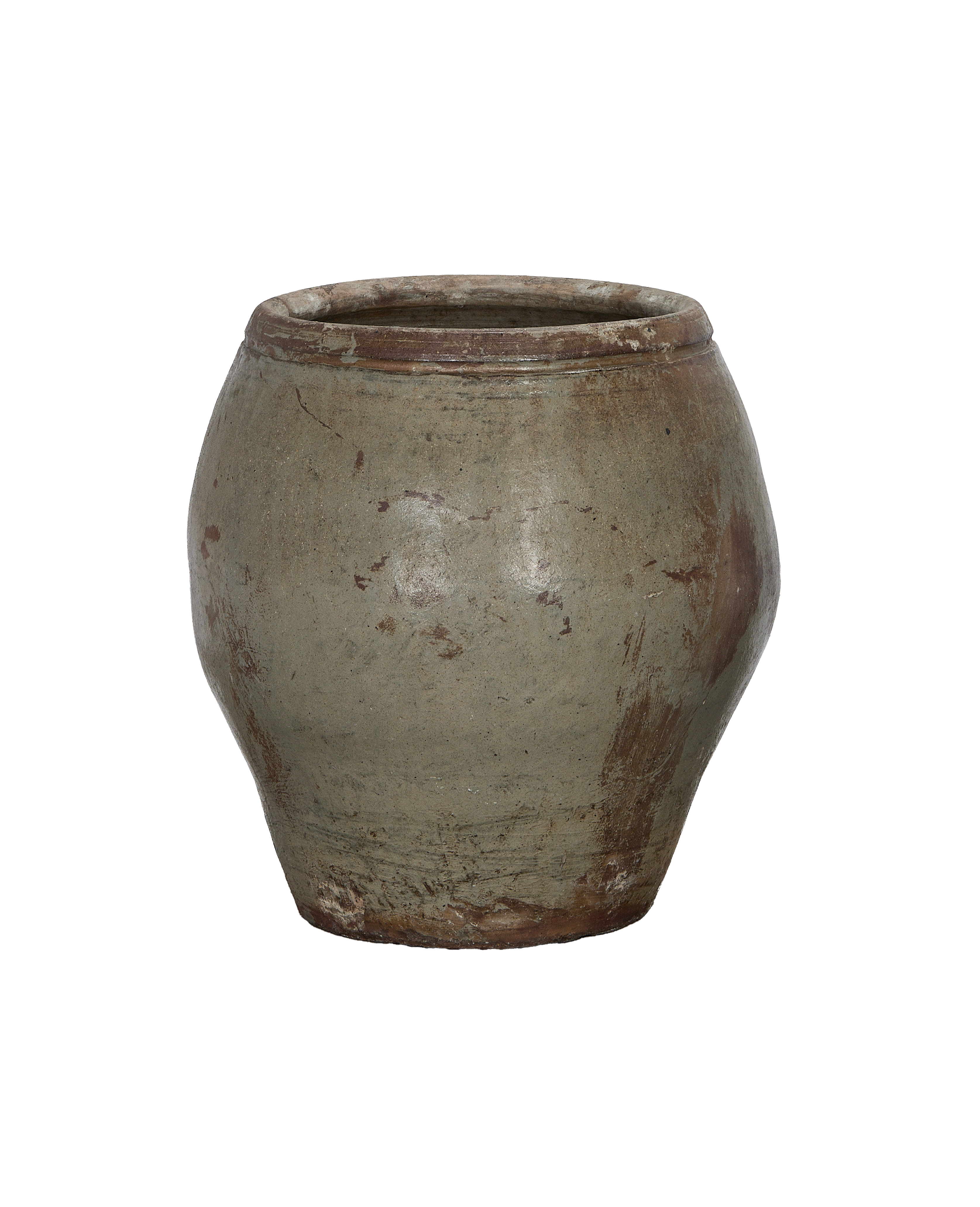 Vintage Chinese plum planter, weathered terracotta with distressed gray surface and earthy brown rim.