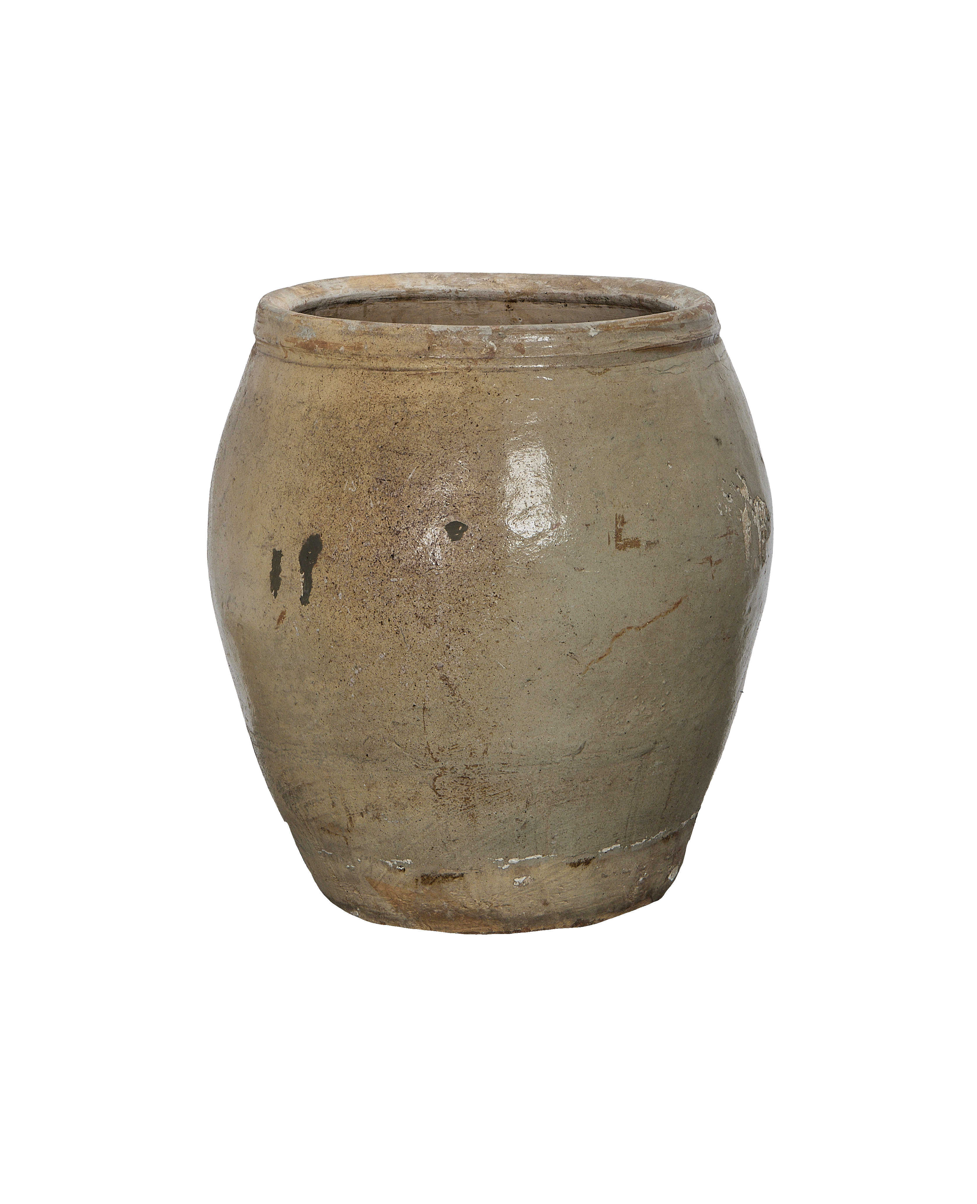 Vintage Chinese pottery plum planter, showing textured, weathered oak-colored surface and rim detail.