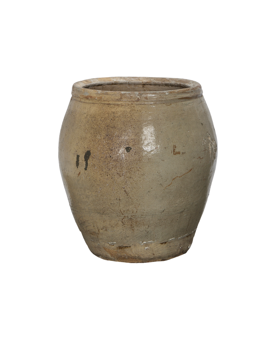 Vintage Chinese pottery plum planter, showing textured, weathered oak-colored surface and rim detail.