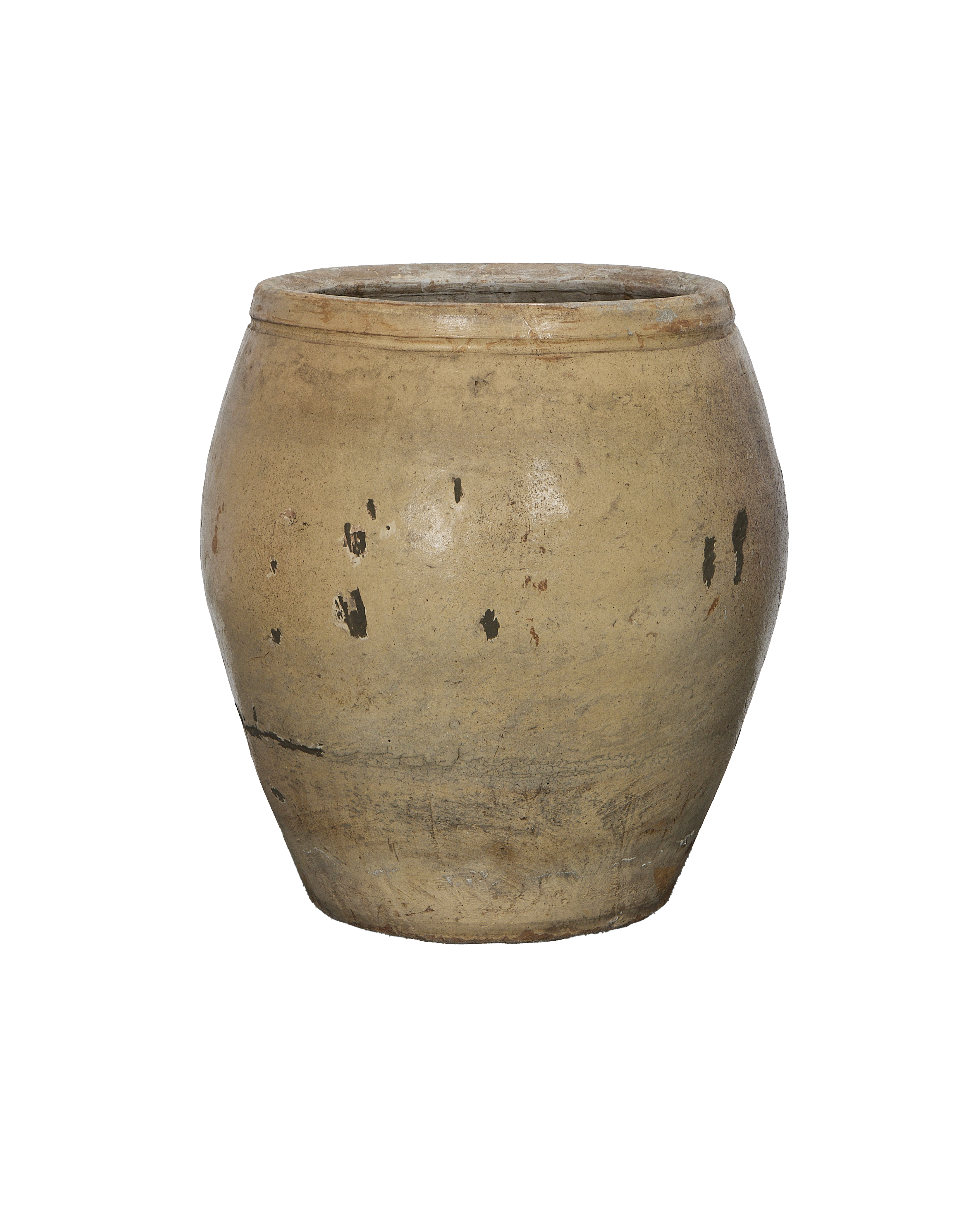 Vintage Chinese ceramic plum planter, close up of the distressed glazed exterior.