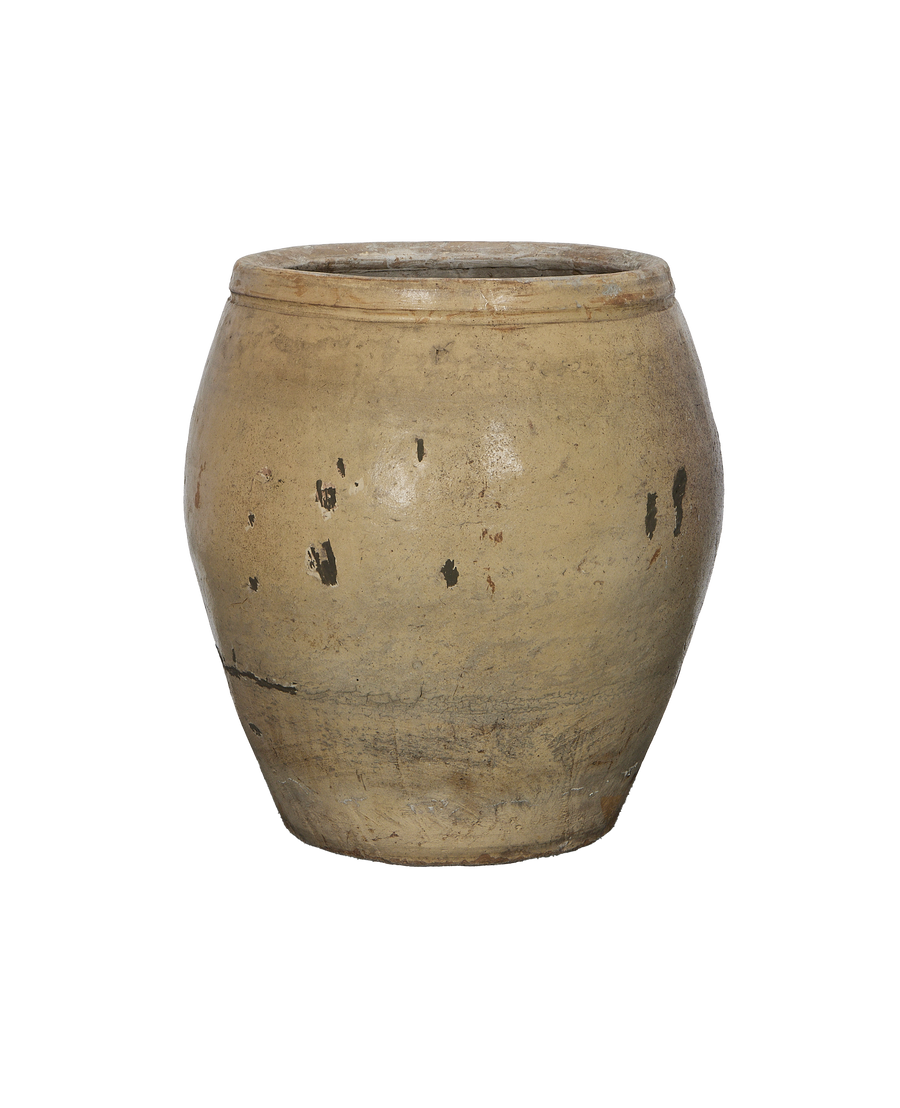 Vintage Chinese ceramic plum planter, close up of the distressed glazed exterior.