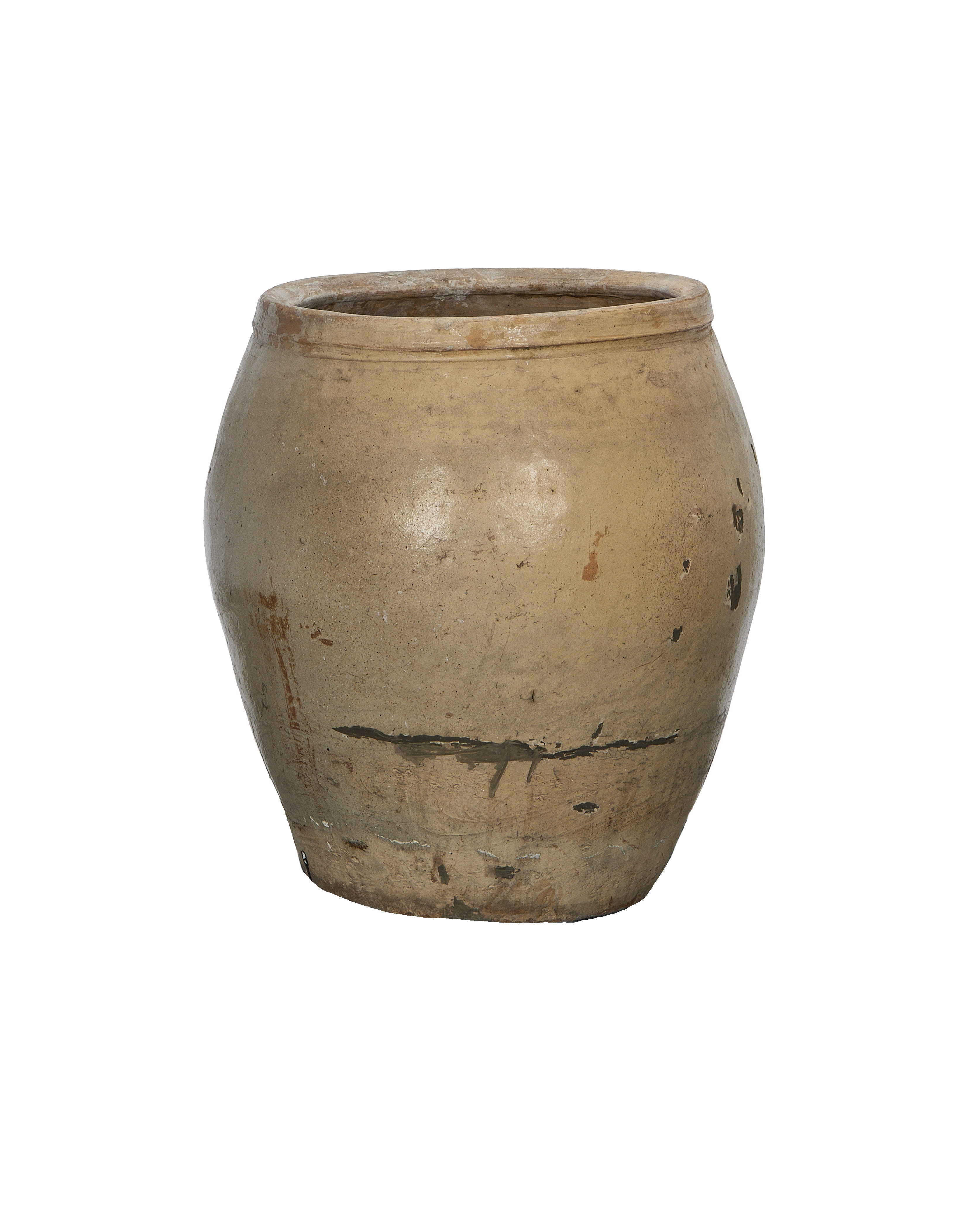 Vintage Chinese plum planter, oak-colored, with rustic distressed texture and unique markings.