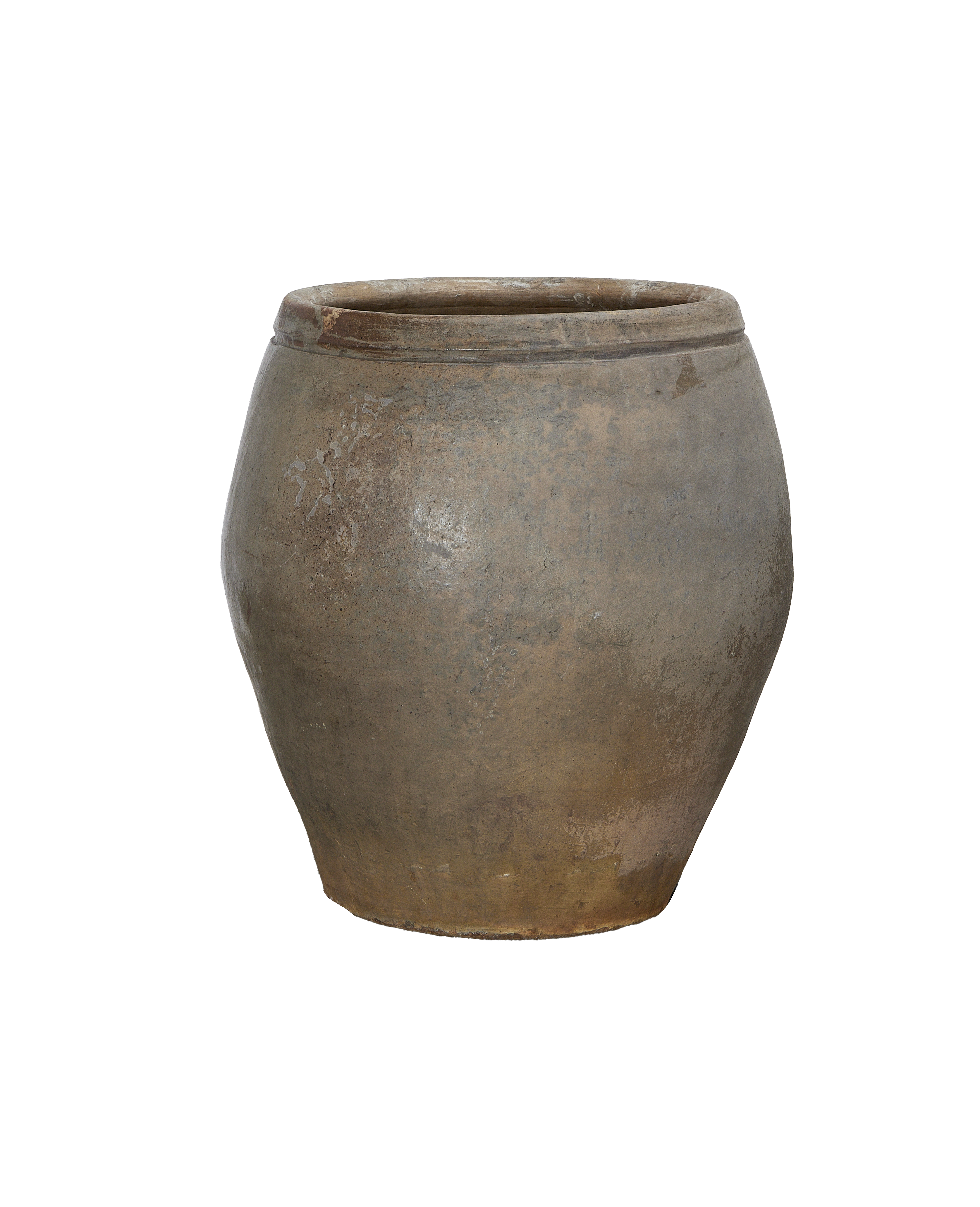 Vintage Chinese stoneware plum planter, showcasing weathered texture and aged rim detail.