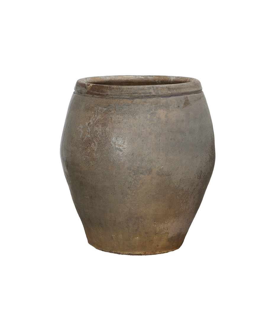 Vintage Chinese stoneware plum planter, showcasing weathered texture and aged rim detail.