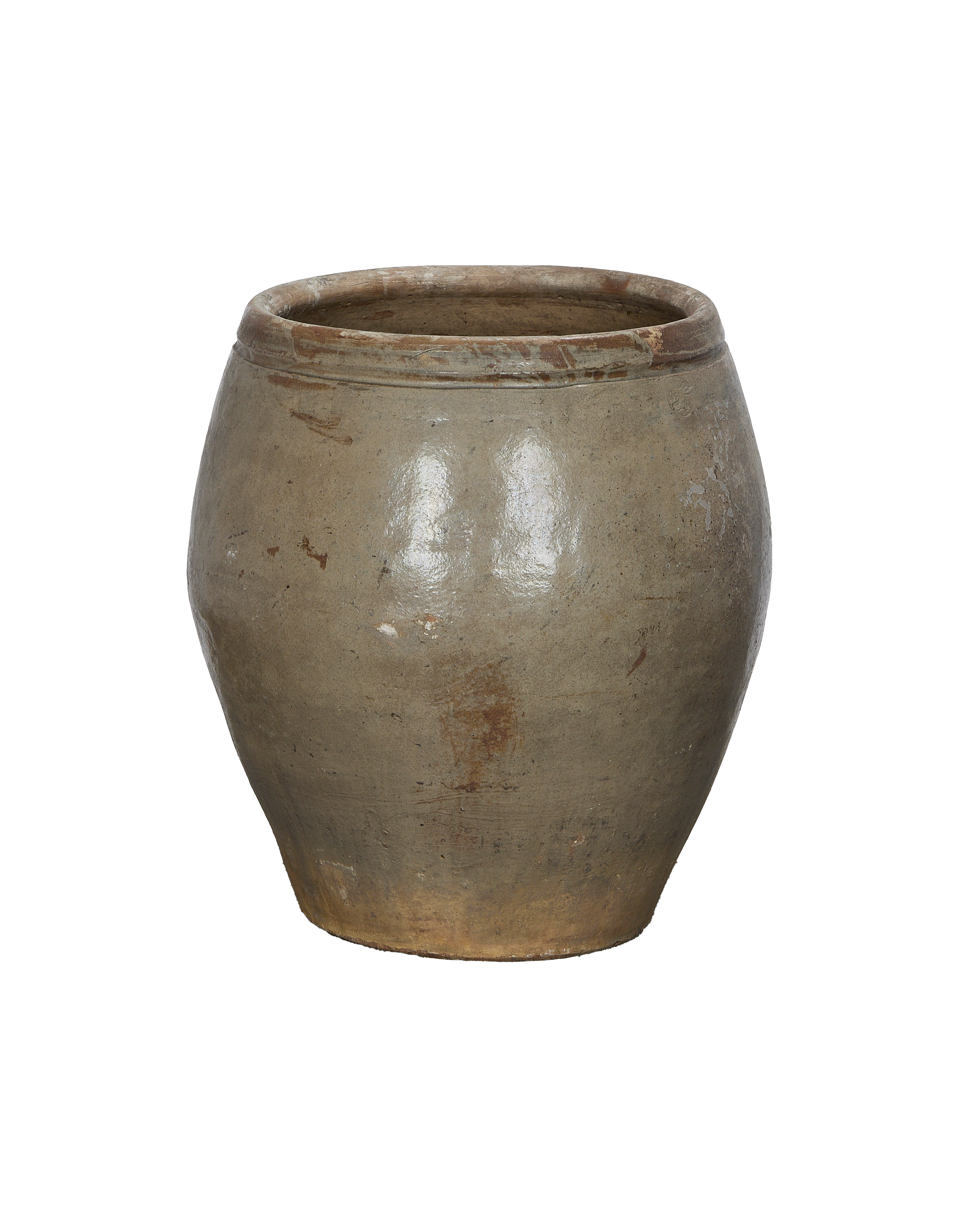 Vintage Chinese stoneware plum planter, weathered texture, narrow rim, showing age and character.
