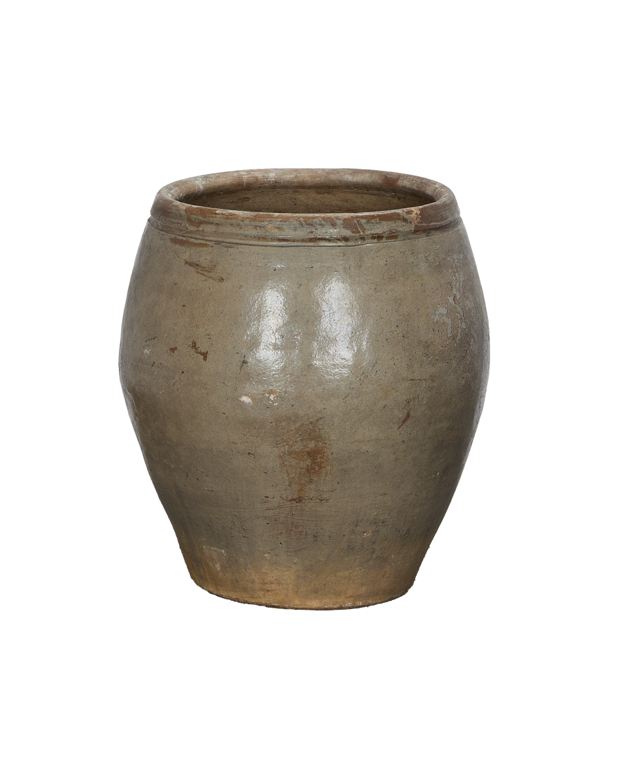Vintage Chinese stoneware plum planter, weathered texture, narrow rim, showing age and character.