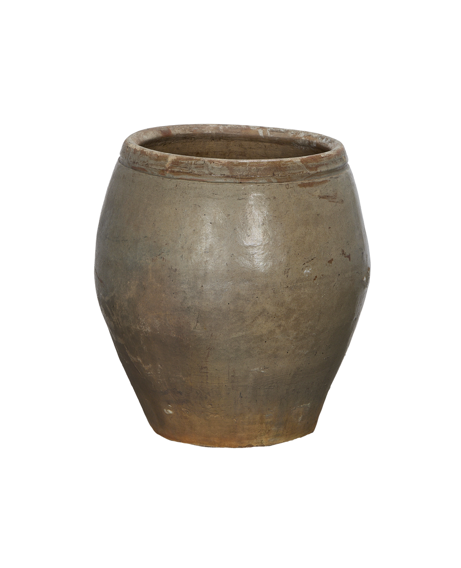Vintage Chinese OAK Plum Planter, full view, rustic unglazed terracotta texture.
