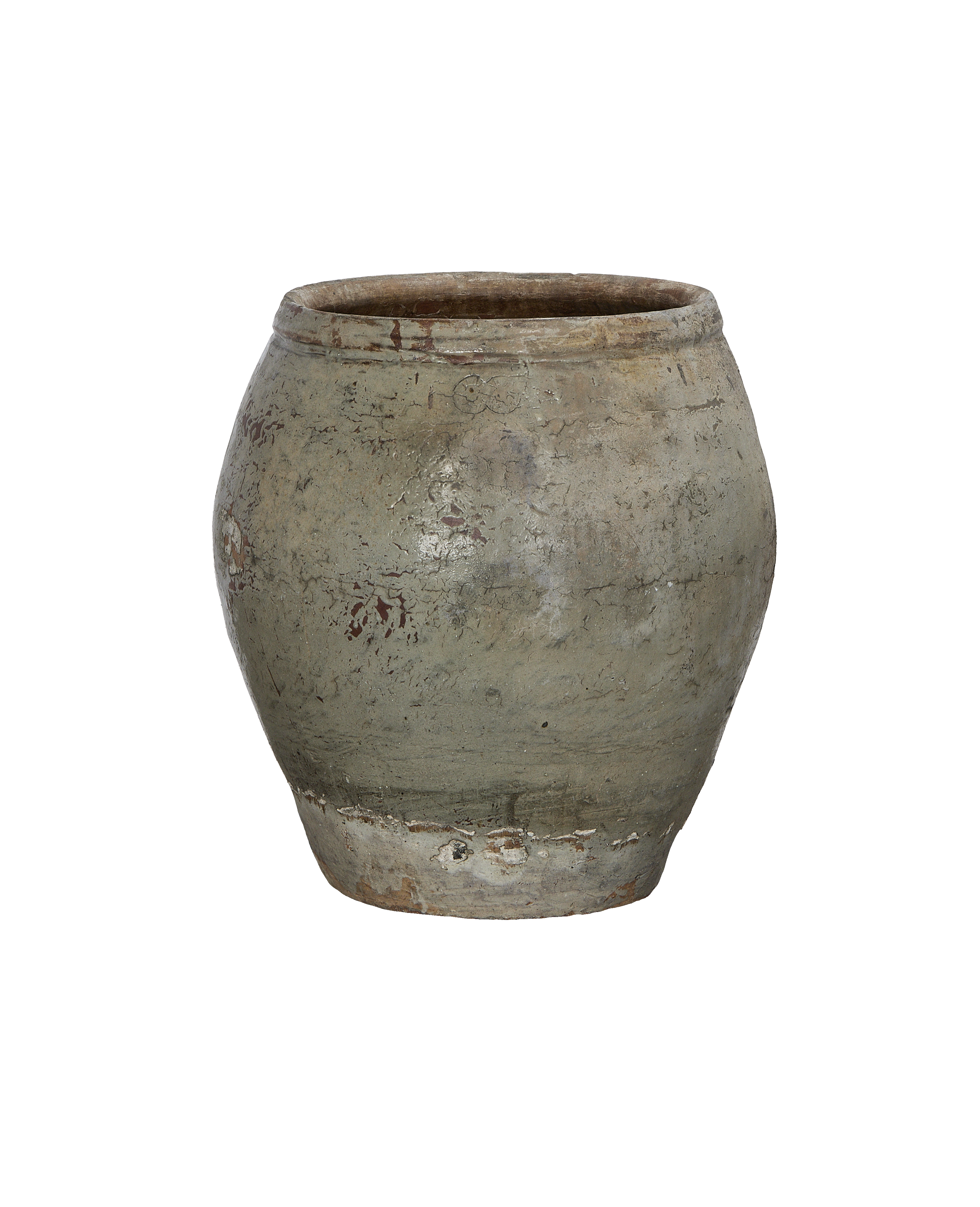 Chinese vintage plum planter, oak, distressed gray paint with red undertones, subtle markings.