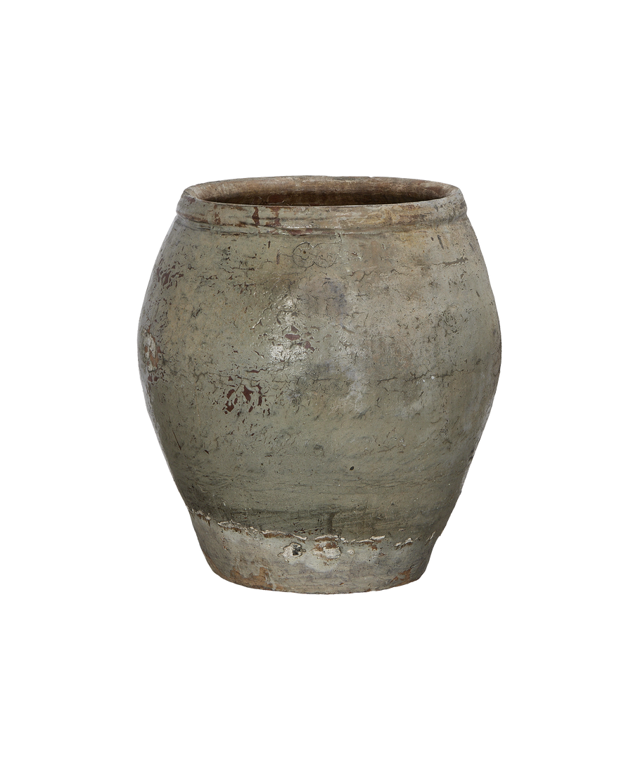 Chinese vintage plum planter, oak, distressed gray paint with red undertones, subtle markings.