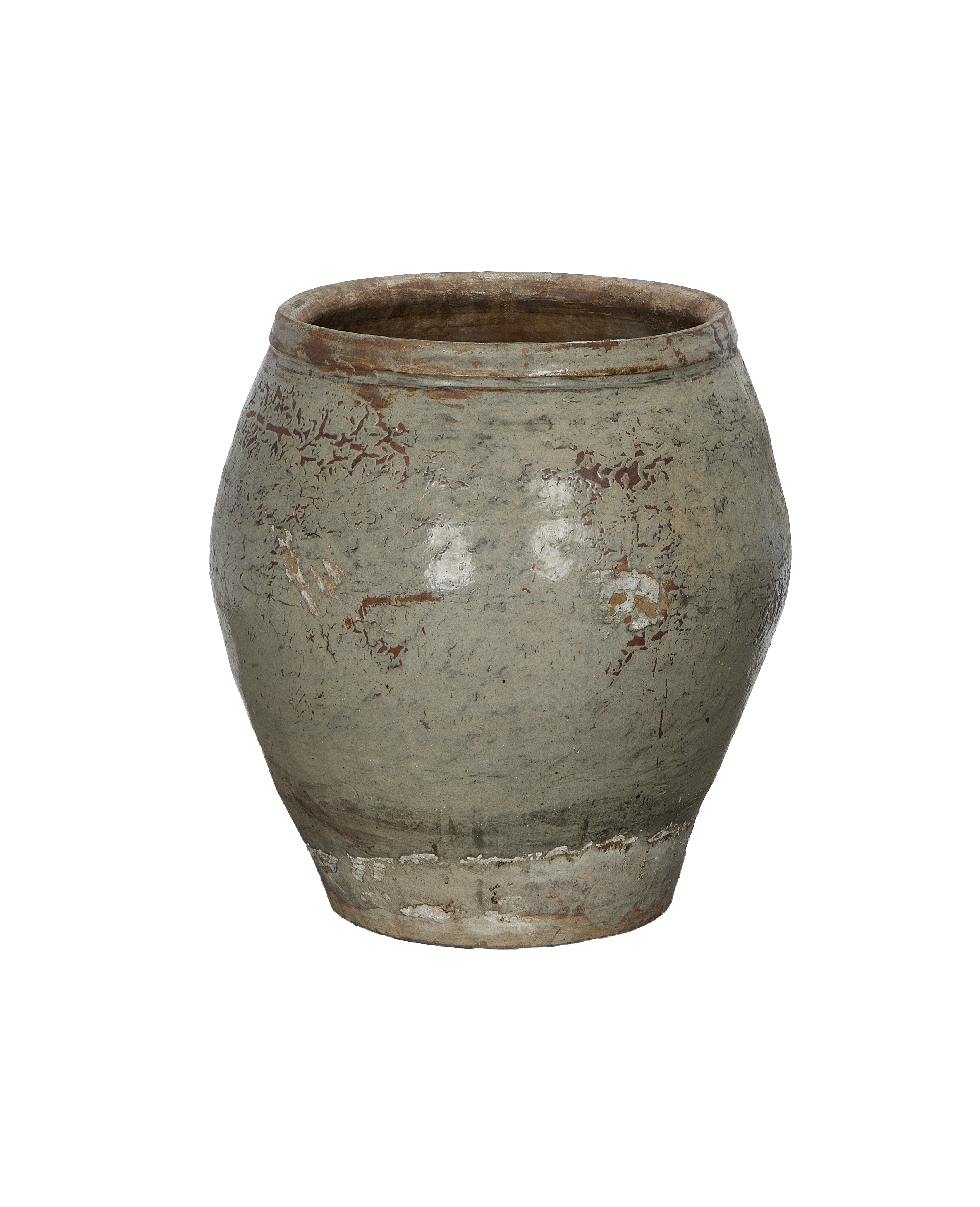 Vintage Chinese plum planter, oak, front view, showcasing distressed, flaking gray-green paint.