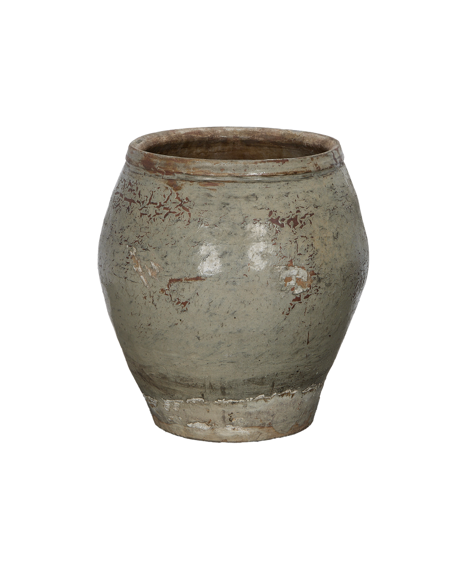 Vintage Chinese plum planter, oak, front view, showcasing distressed, flaking gray-green paint.