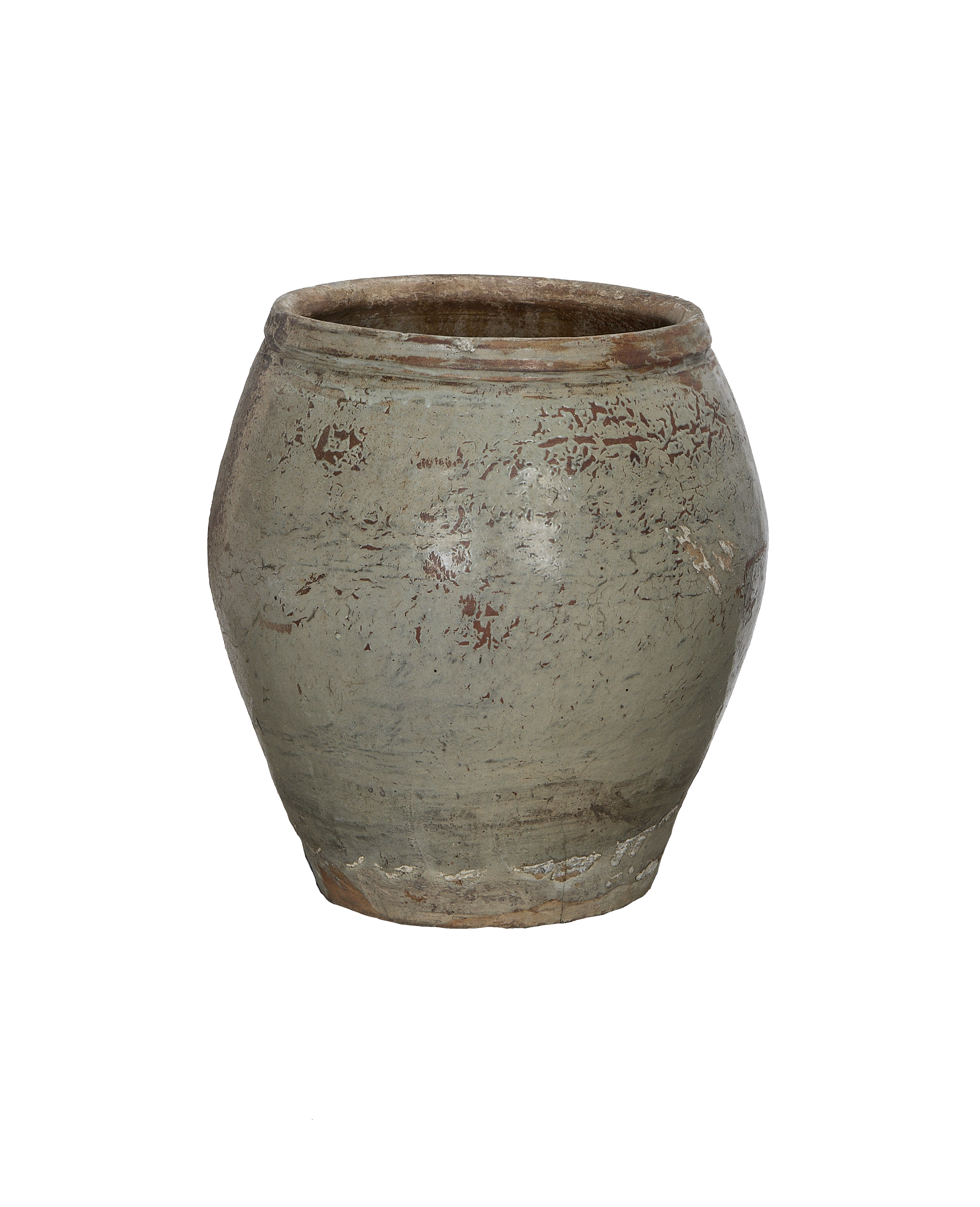 Vintage gray Chinese clay planter, full view, showcasing distressed texture and aged patina.