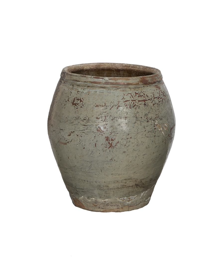 Vintage gray Chinese clay planter, full view, showcasing distressed texture and aged patina.
