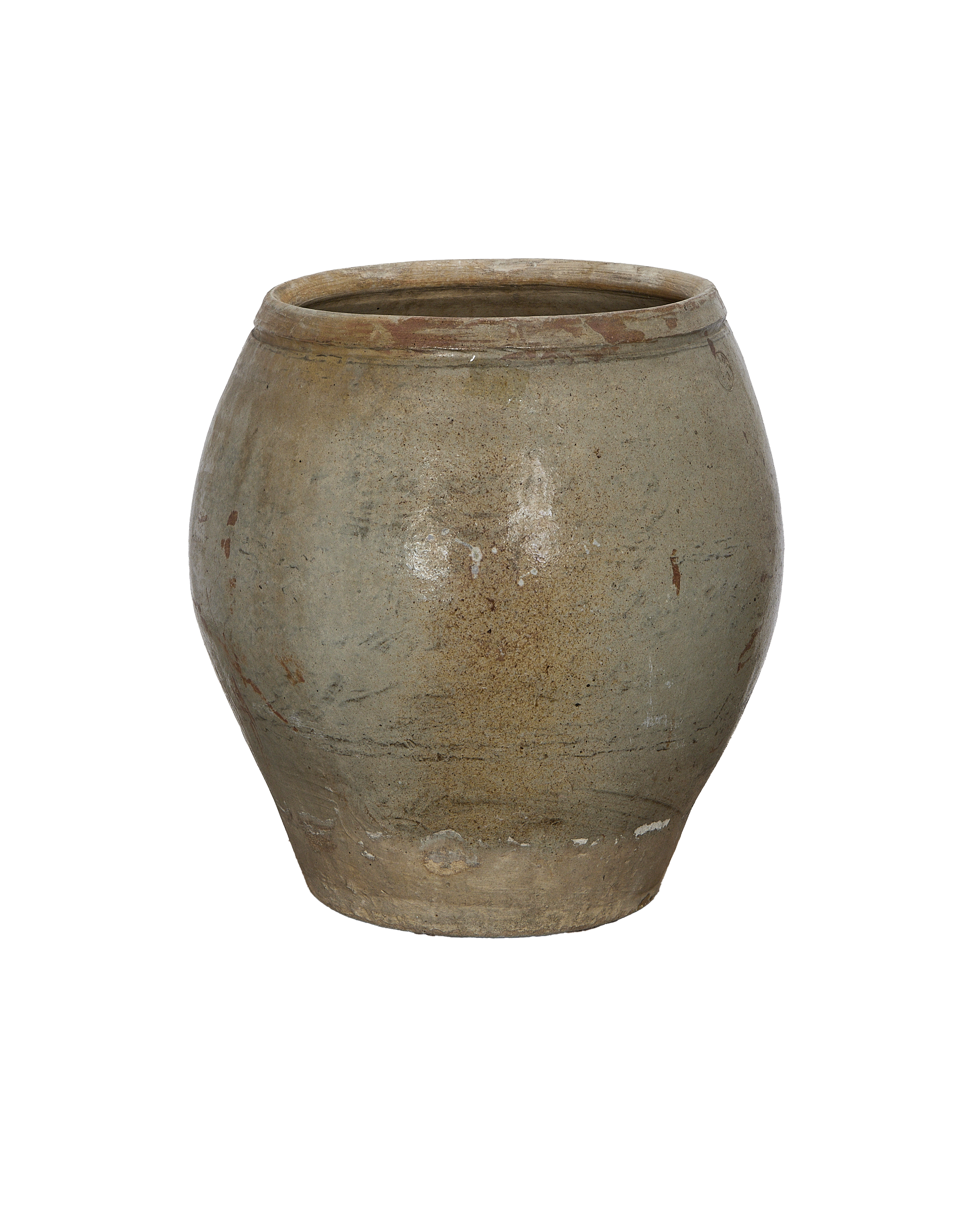 Vintage Chinese plum planter, oak-colored finish, rough aged texture, wide mouth, rustic charm.