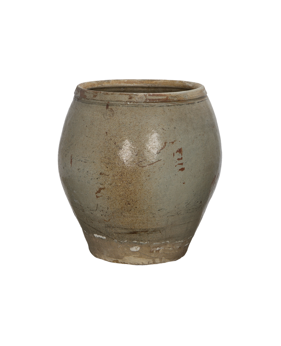 Vintage Chinese plum planter, oak-colored, with weathered texture and top rim detail.