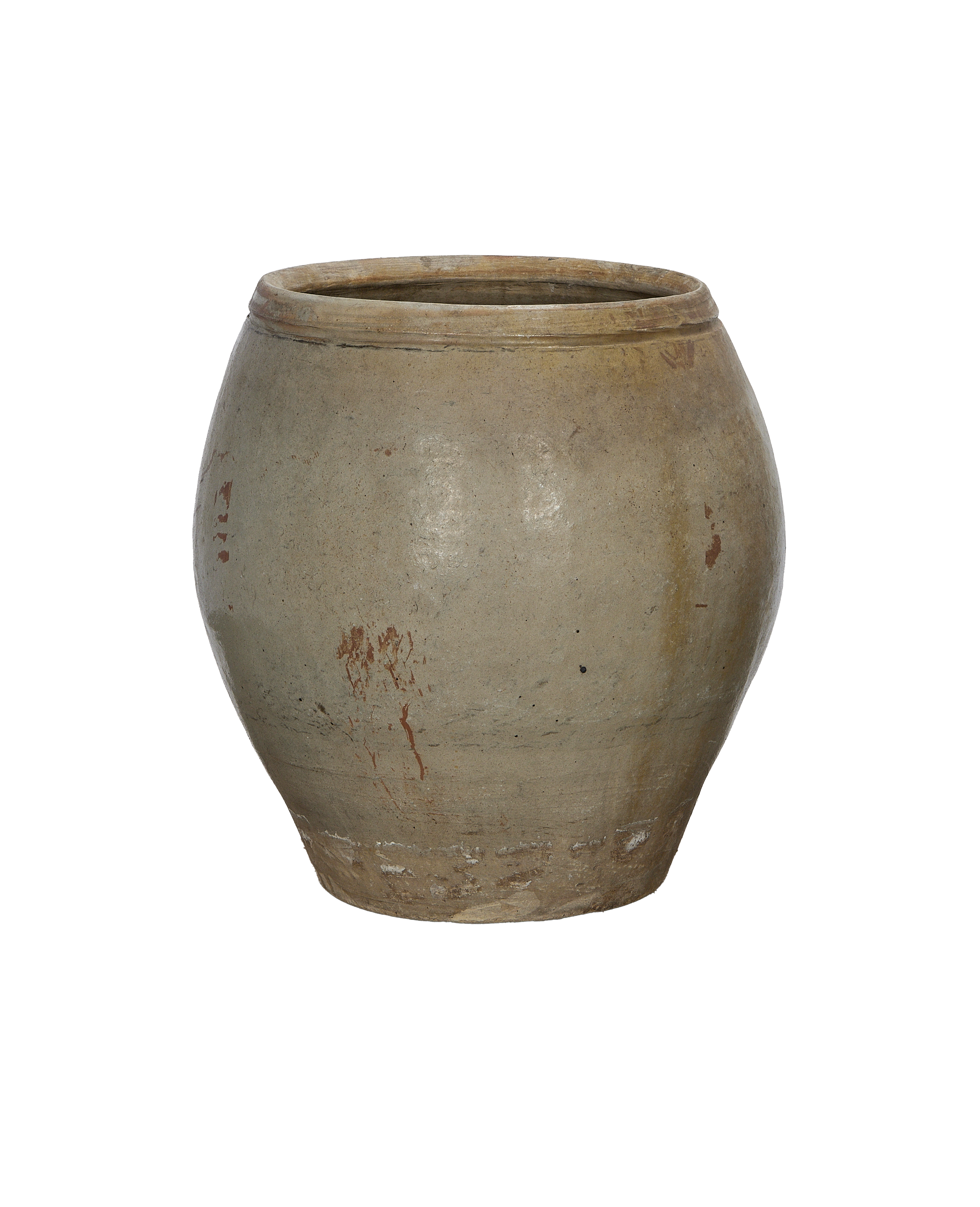 Vintage Chinese plum planter, oak-like earthy texture, wide-mouthed, showing subtle surface imperfections.
