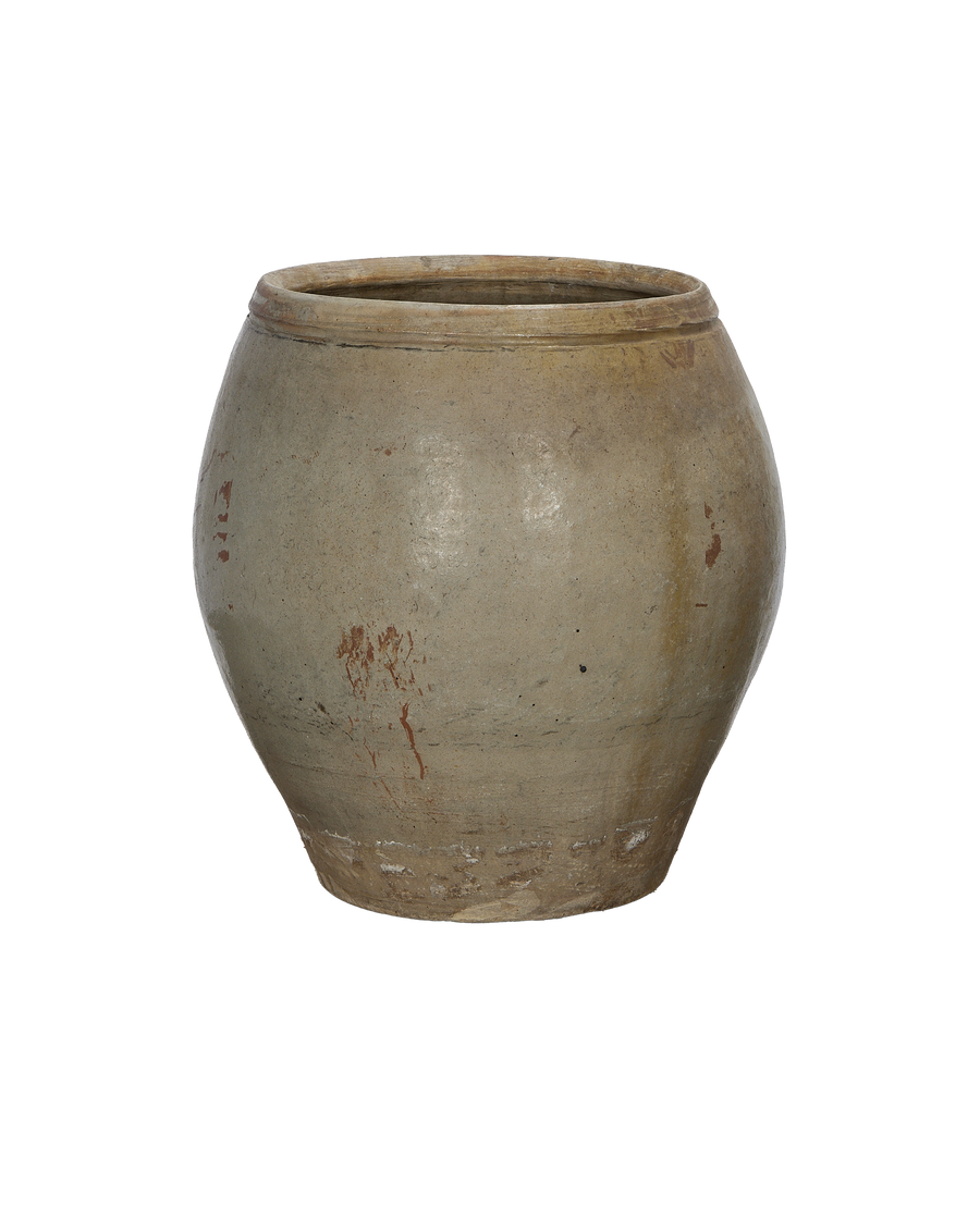 Vintage Chinese plum planter, oak-like earthy texture, wide-mouthed, showing subtle surface imperfections.