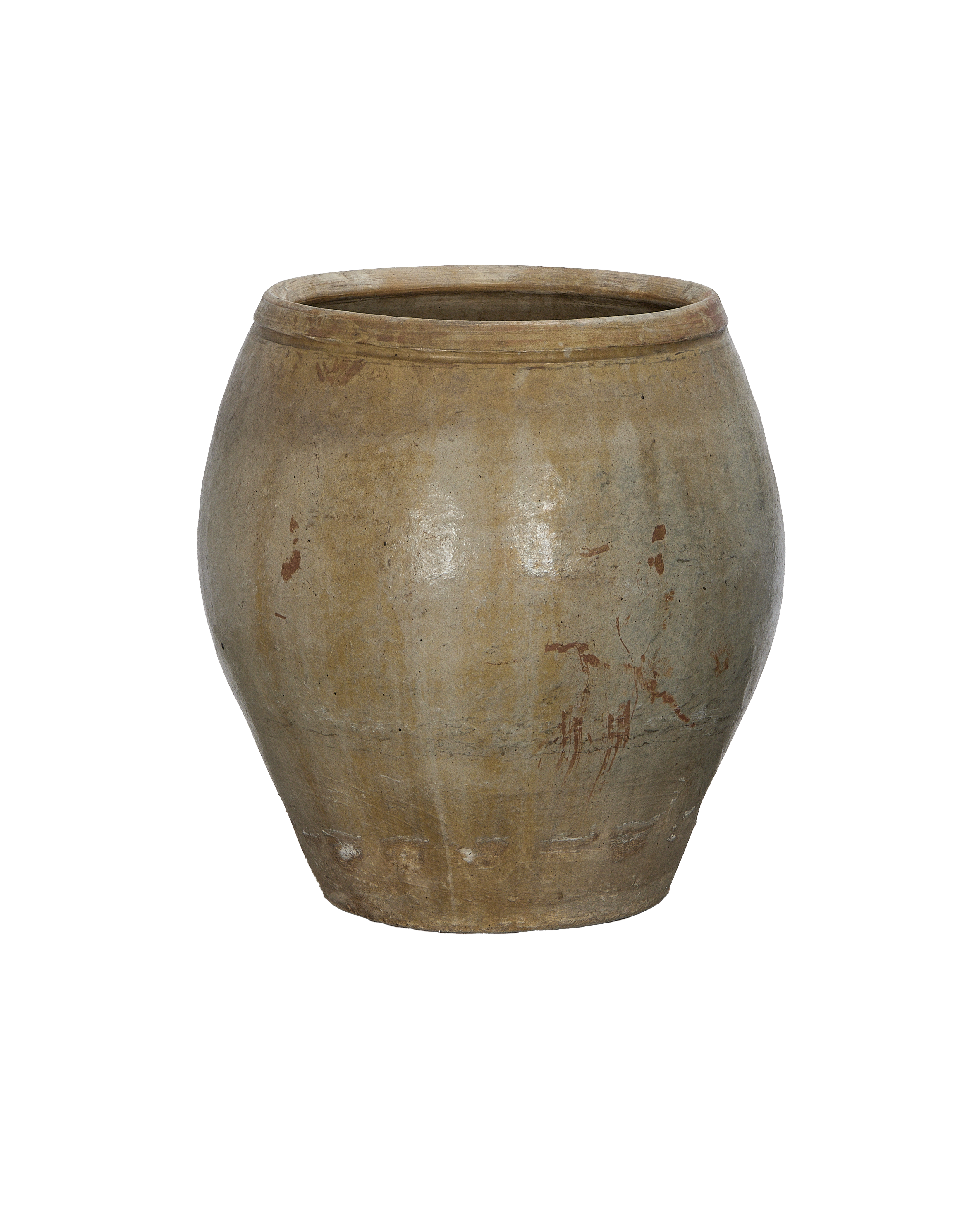 Vintage Chinese terracotta plum planter, showing textured weathered oak finish and rim detail.