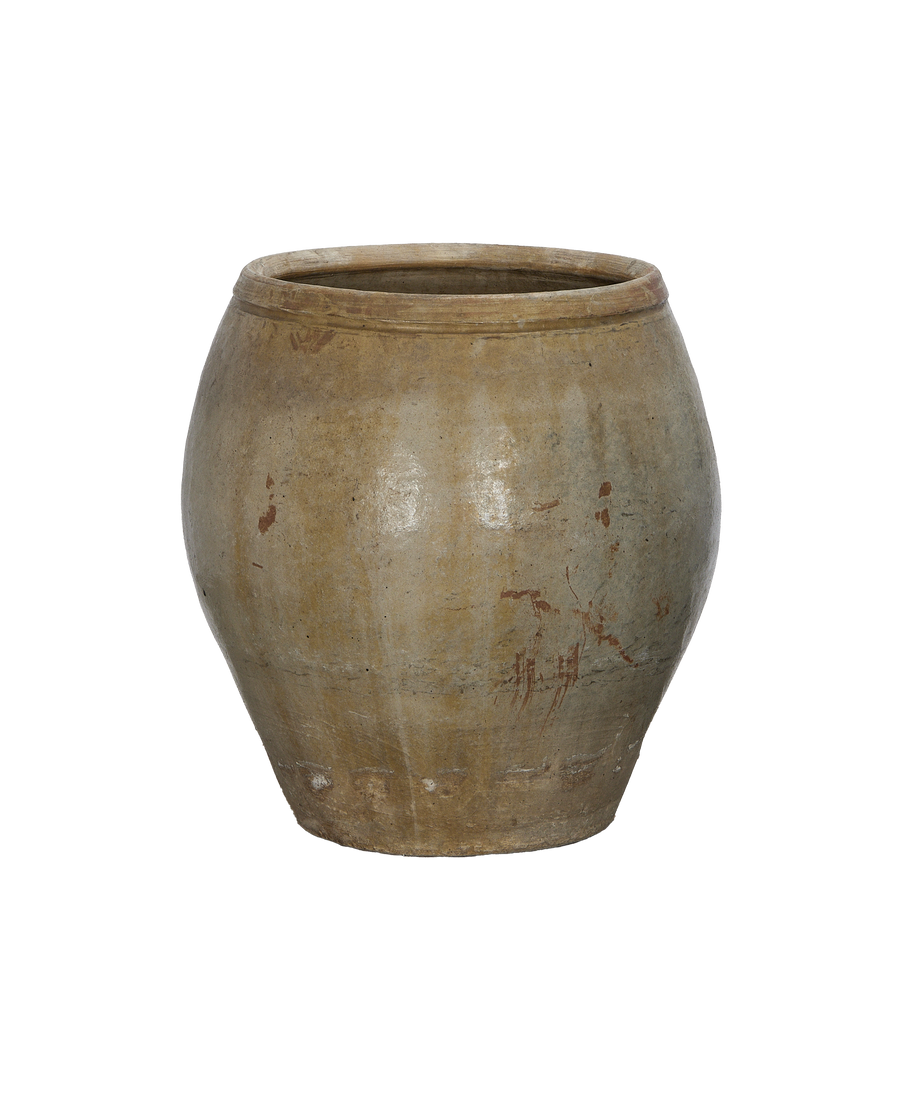 Vintage Chinese terracotta plum planter, showing textured weathered oak finish and rim detail.