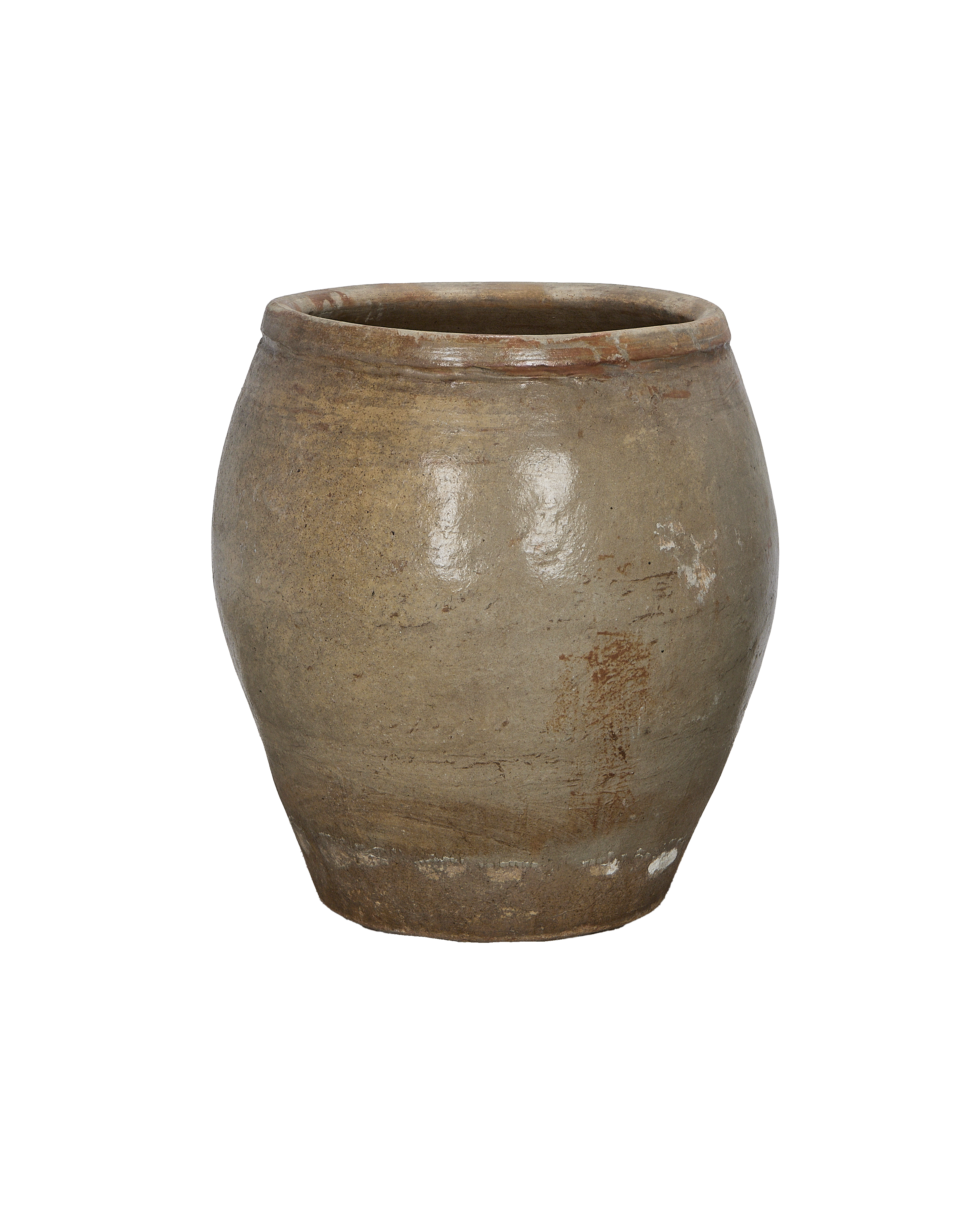 Vintage Chinese plum planter, oak-colored stoneware, showcasing weathered texture and rim.