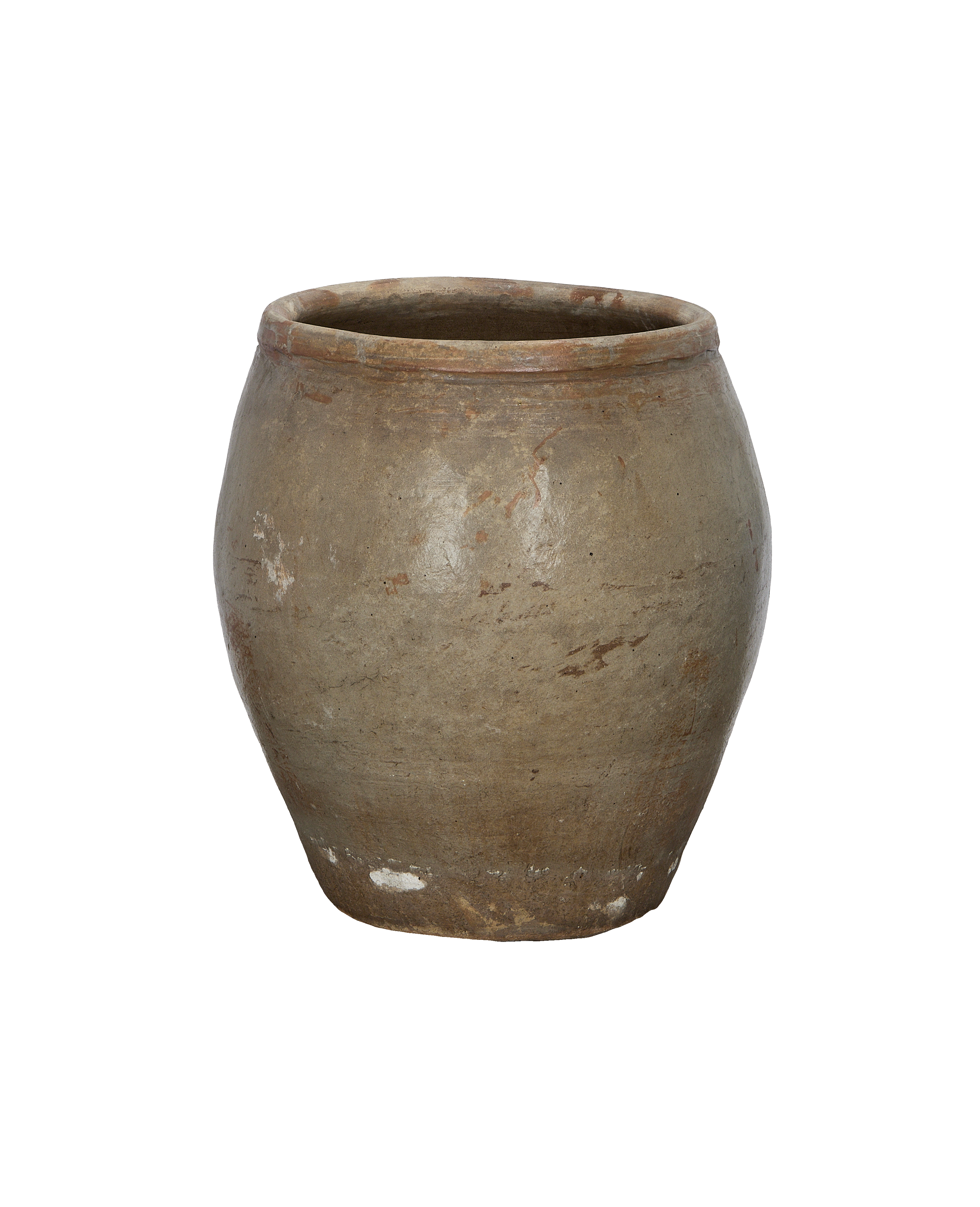 Vintage Chinese ceramic plum planter, close up of textural distressed surface and rim.