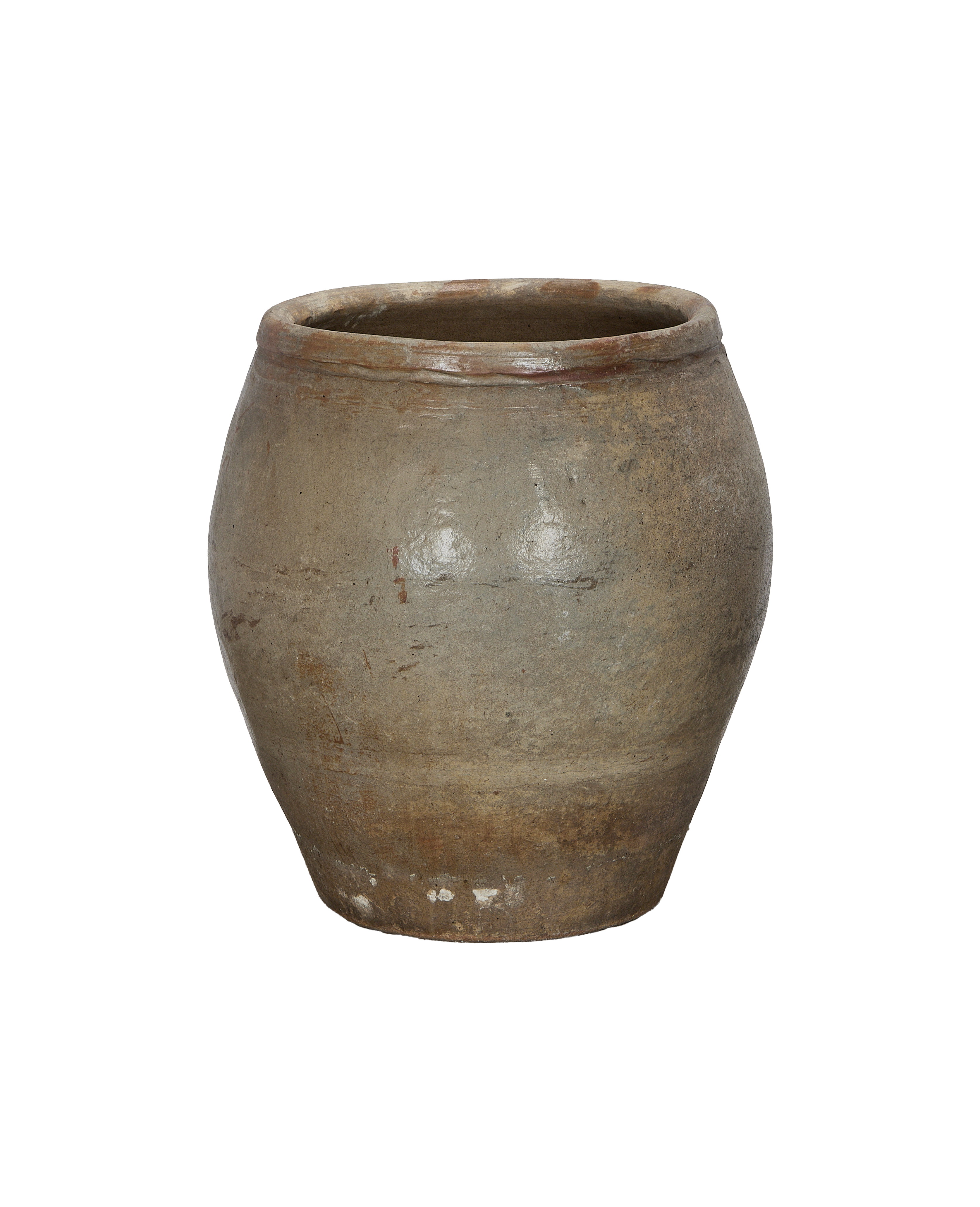 Vintage Chinese clay plum planter, showing natural weathered patina and textured finish from the side.