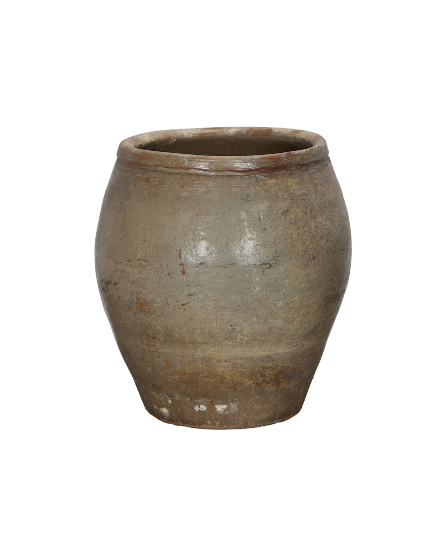 Vintage Chinese clay plum planter, showing natural weathered patina and textured finish from the side.