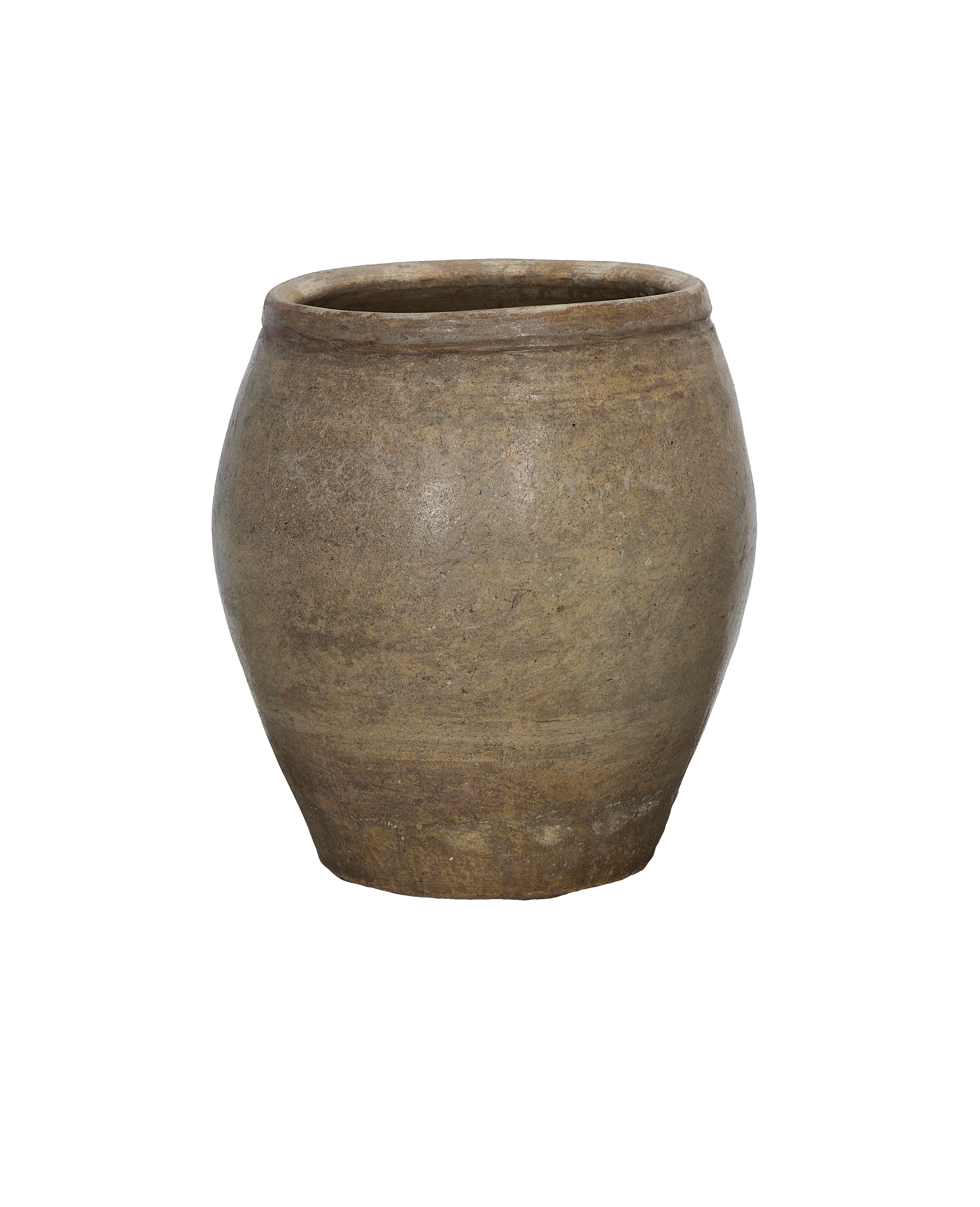 Vintage Chinese oak plum planter, showing textured rim and weathered, uneven surface.