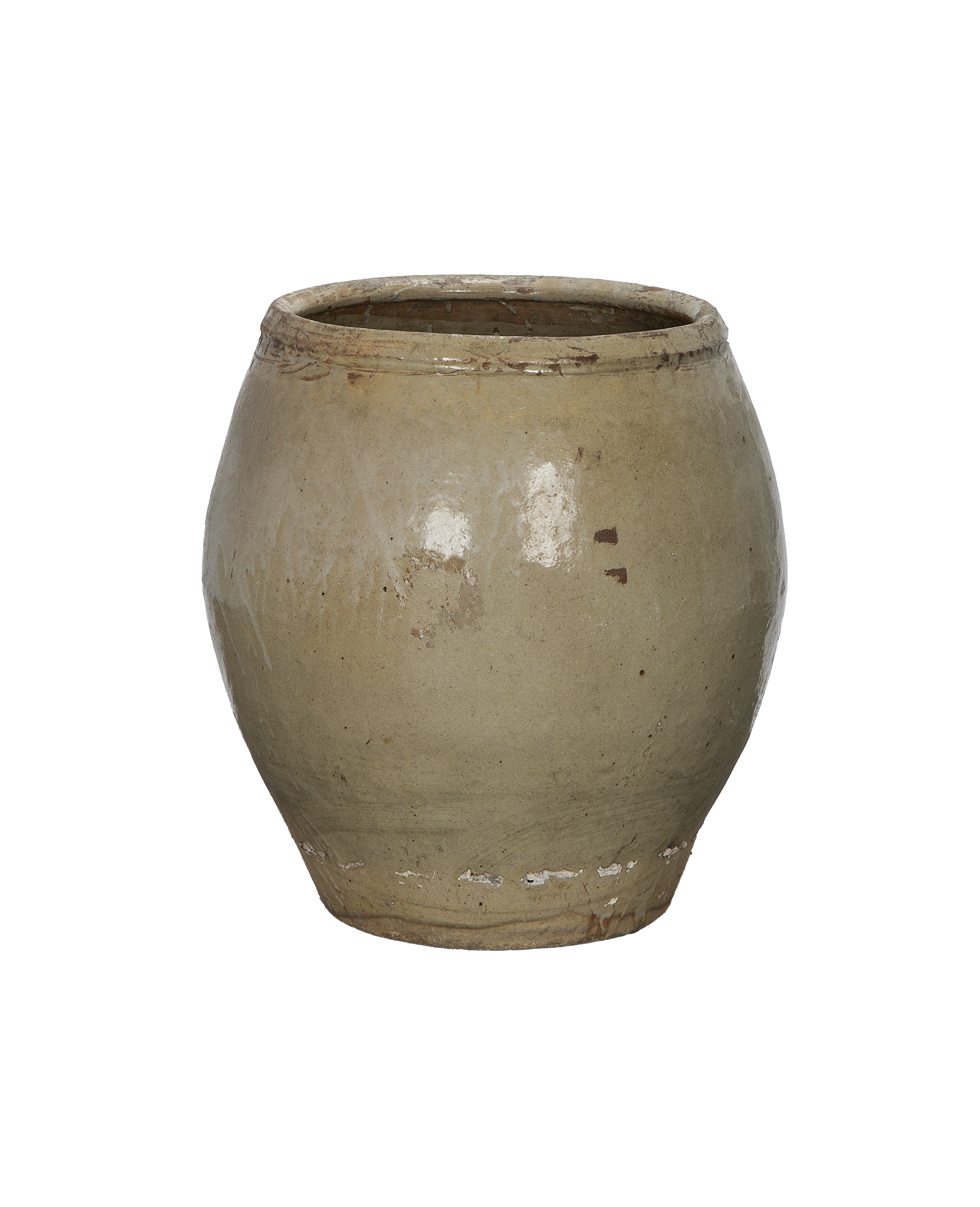 Vintage Chinese plum planter, light gray glazed oak pottery, with natural imperfections and aged texture.