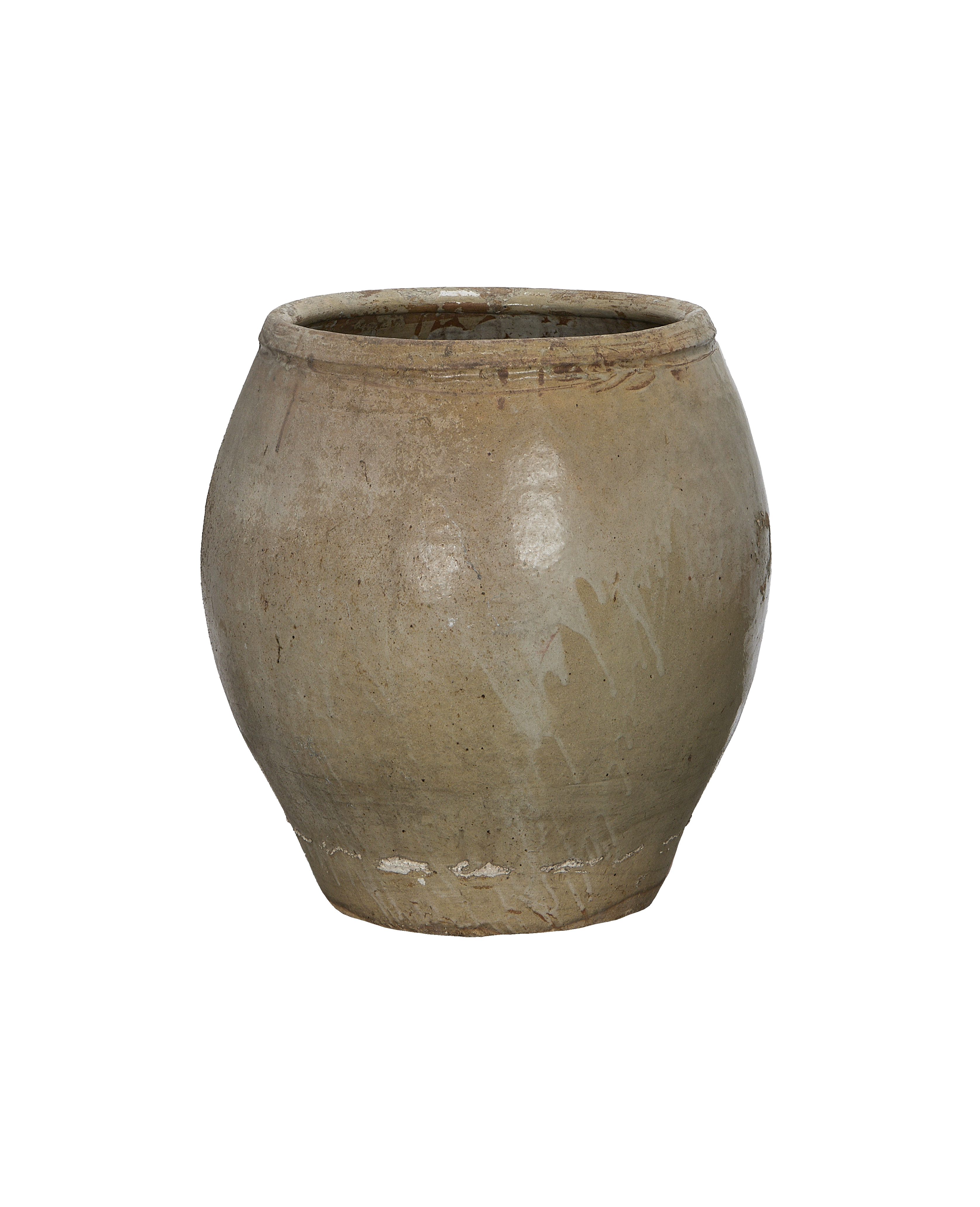 Vintage Chinese ceramic plum planter, showing rough textured exterior and aged rim.
