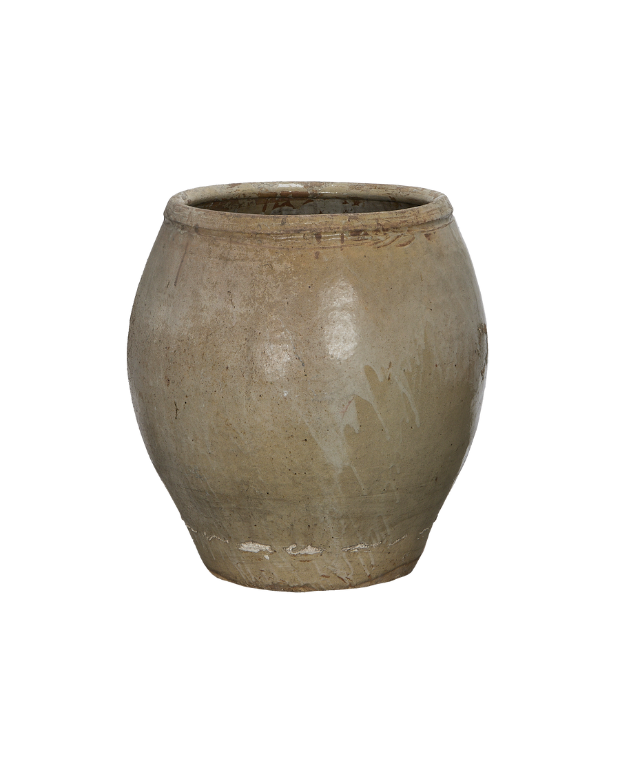 Vintage Chinese ceramic plum planter, showing rough textured exterior and aged rim.