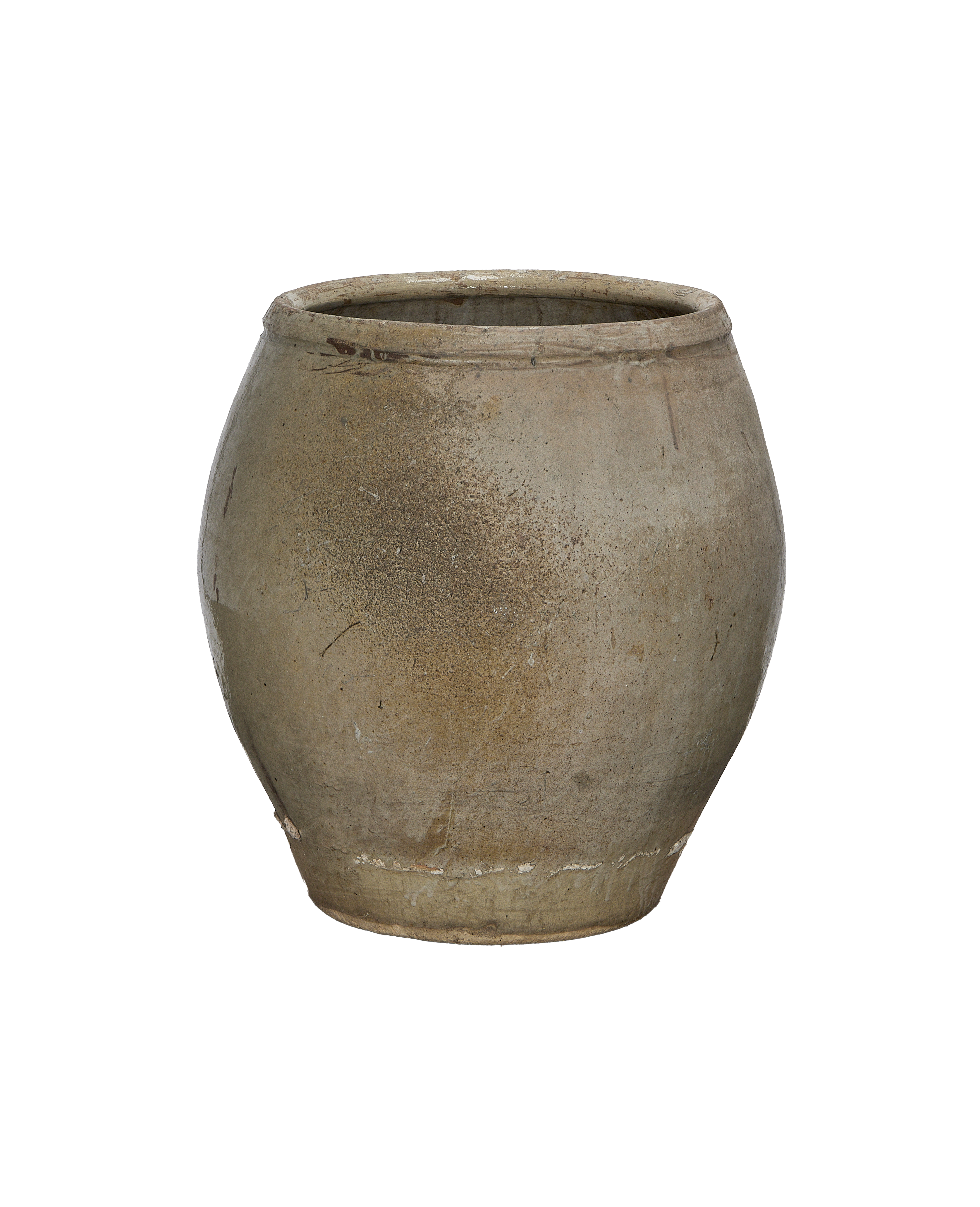 Vintage plum planter, weathered ceramic from China, showing textured surface condition, side view.