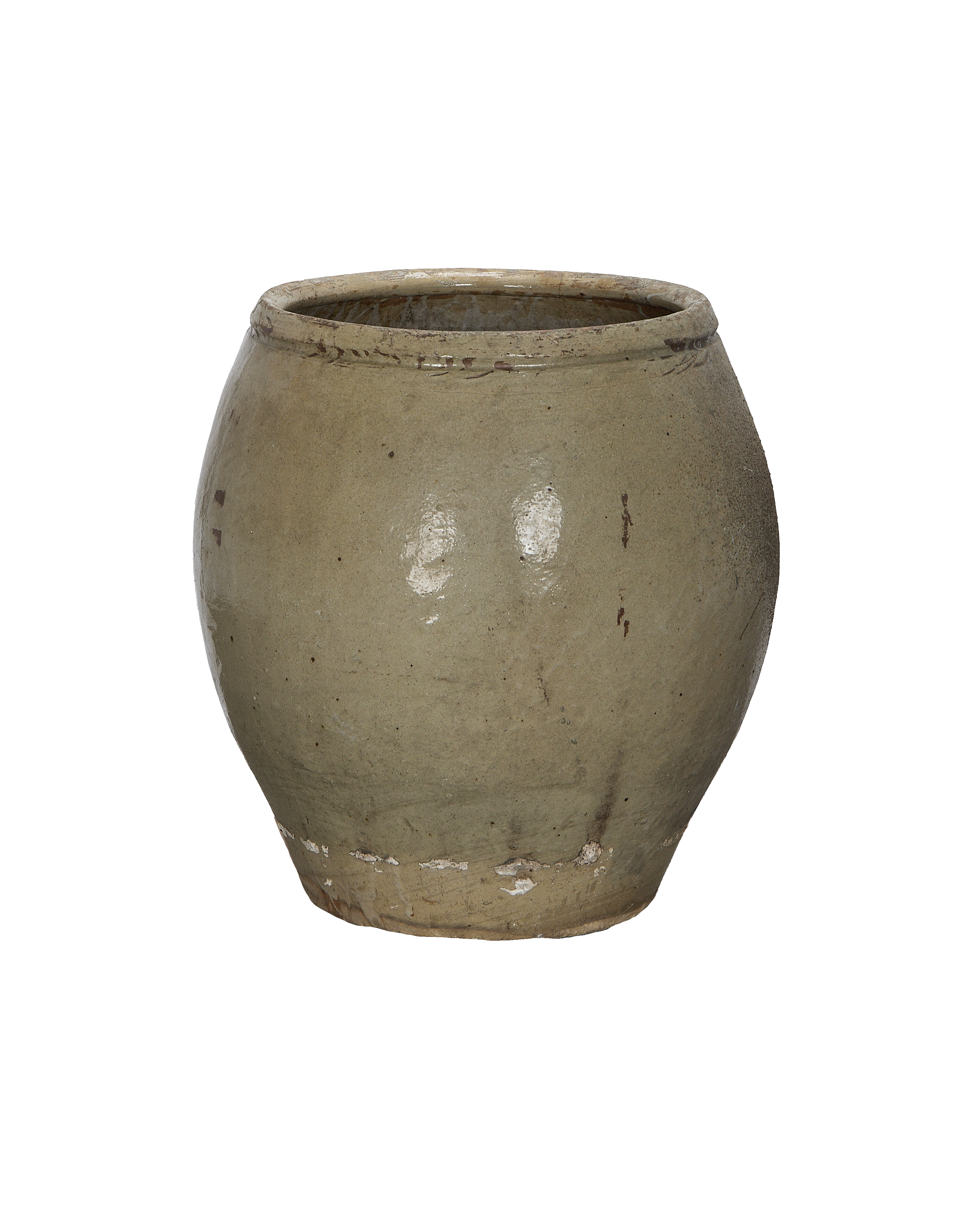 Vintage Chinese plum pot planter, showing rustic aged green glazed terracotta, distressed finish.