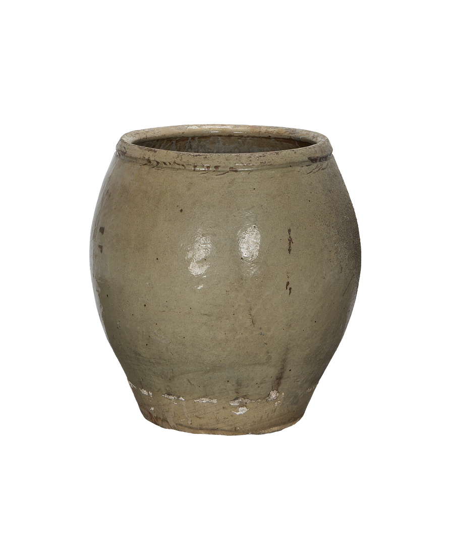 Vintage Chinese plum pot planter, showing rustic aged green glazed terracotta, distressed finish.