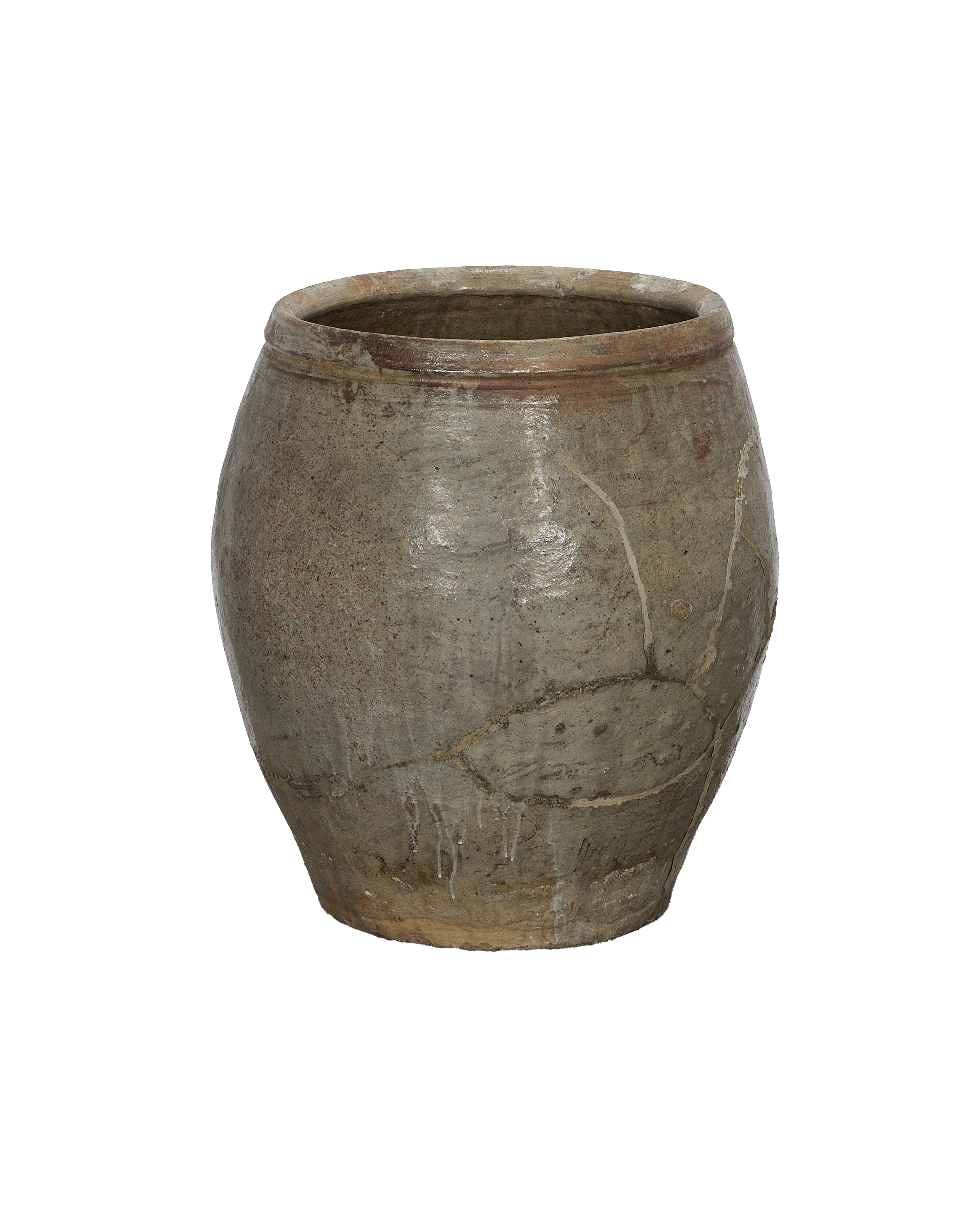 Vintage Chinese gray stoneware plum planter, showcasing detailed texture and weathered crackle glaze from a side view.