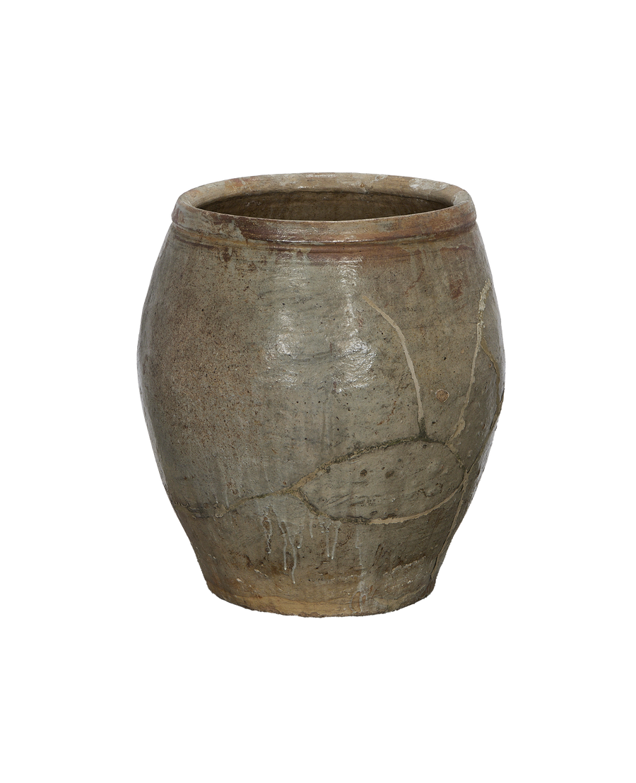 Vintage Chinese gray stoneware plum planter, showcasing detailed texture and weathered crackle glaze from a side view.