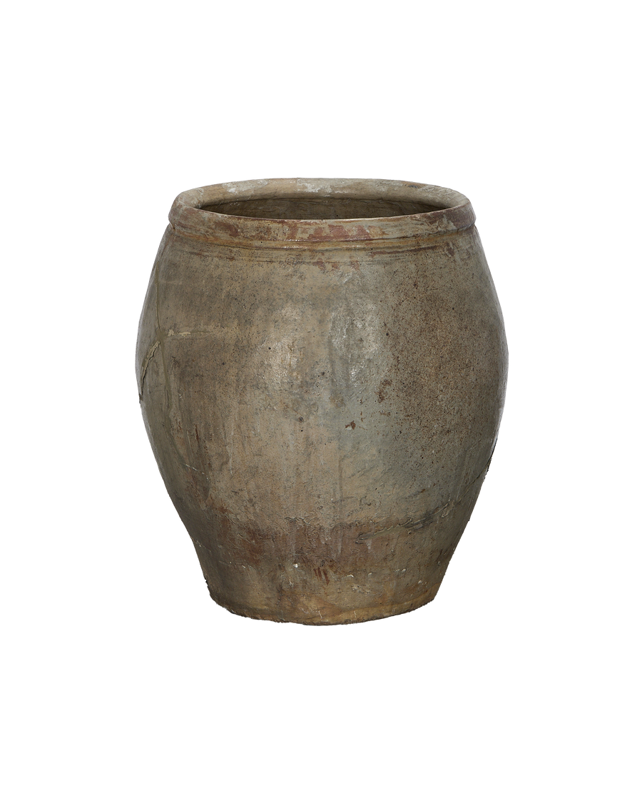 Vintage Chinese Plum Planter, a circular oak pot with weathered, textural surface.