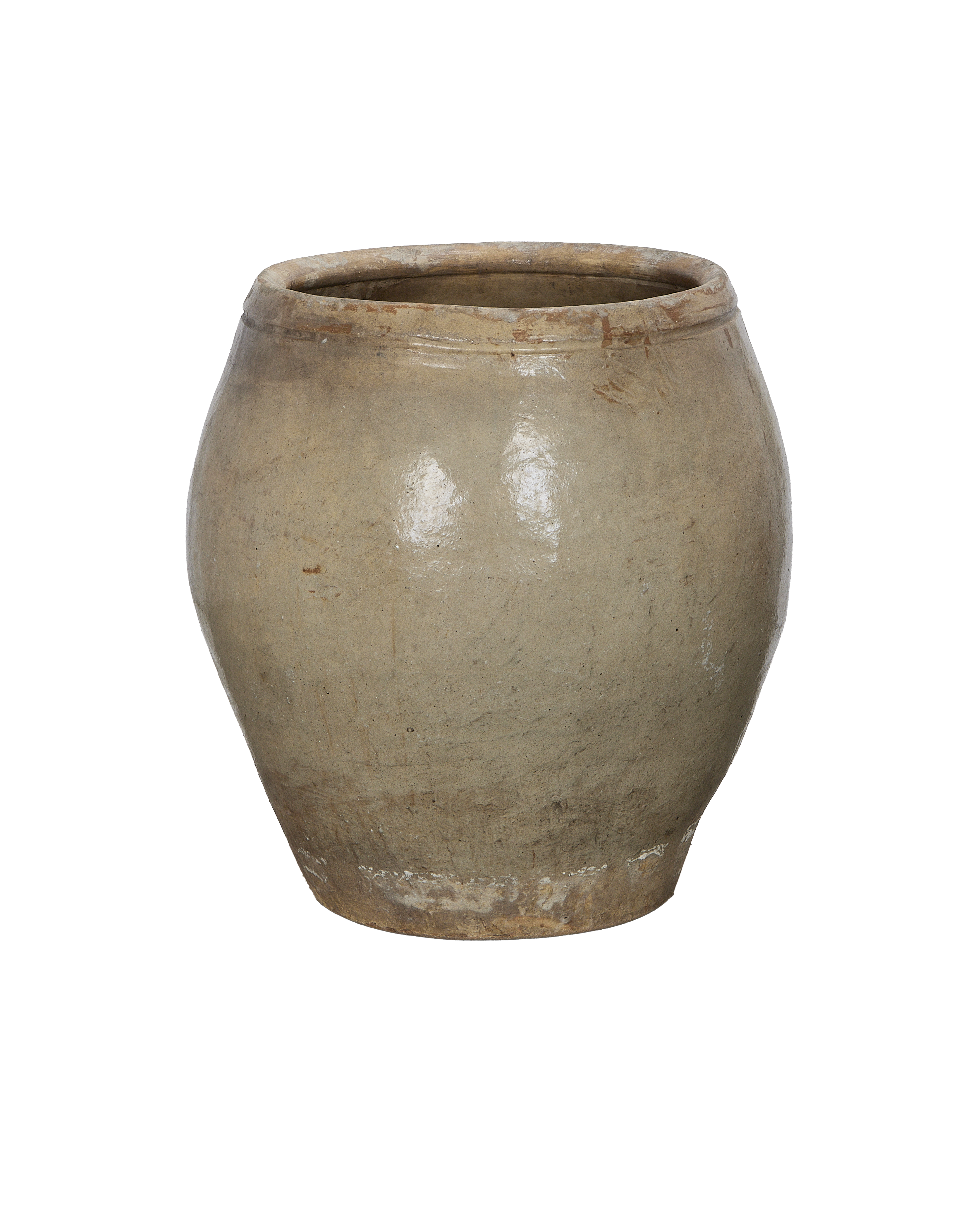 Vintage Chinese plum planter, a weathered oak pot with a wide mouth and aged patina.