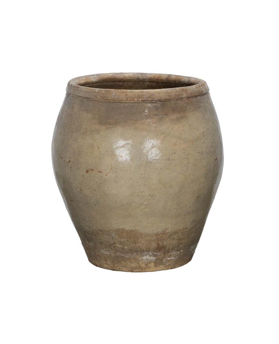 Vintage Chinese Plum Planter, showing weathered texture, round opening and natural aging.