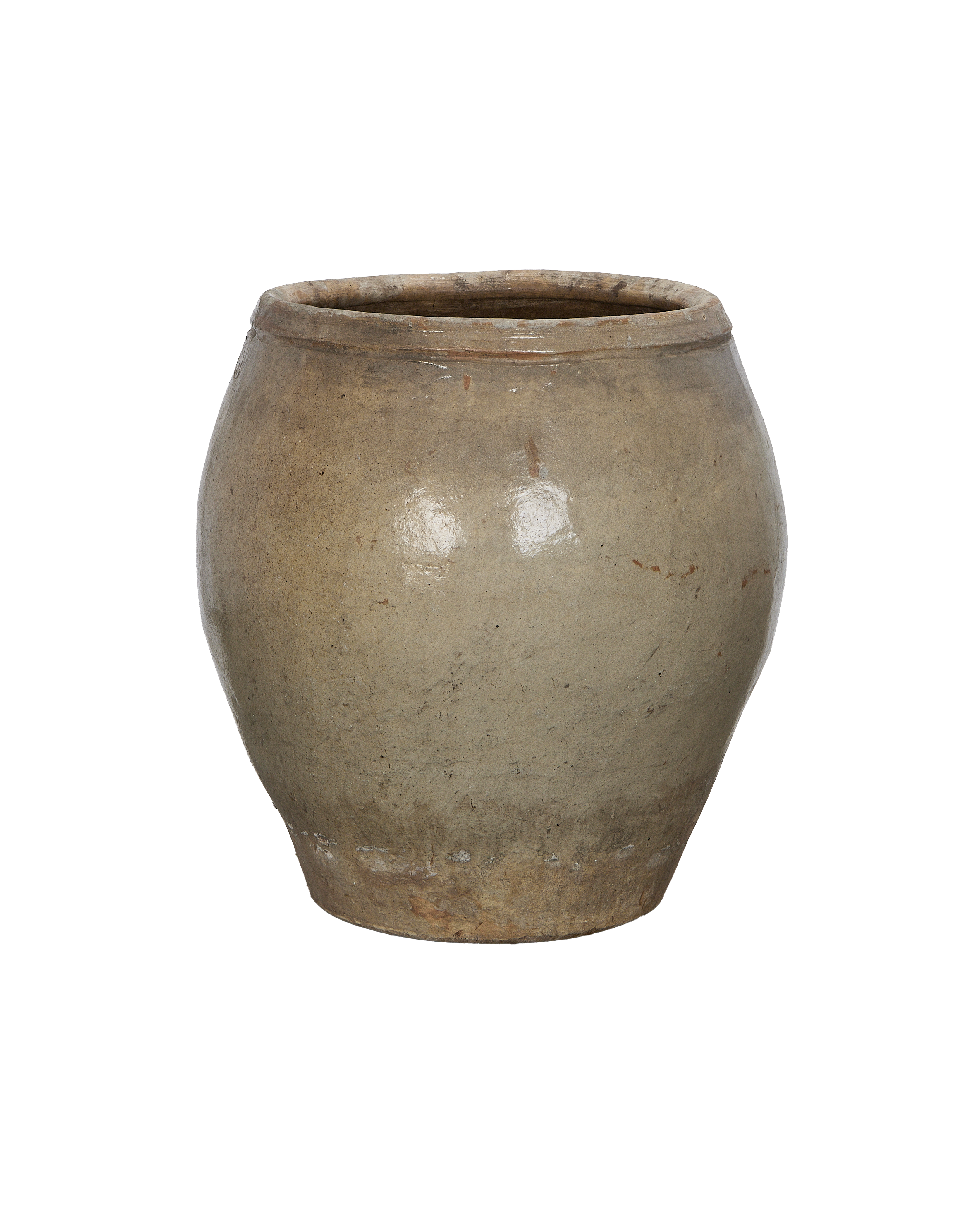 Vintage unglazed Chinese Plum Planter urn, showing weathered stoneware texture and rim detail.
