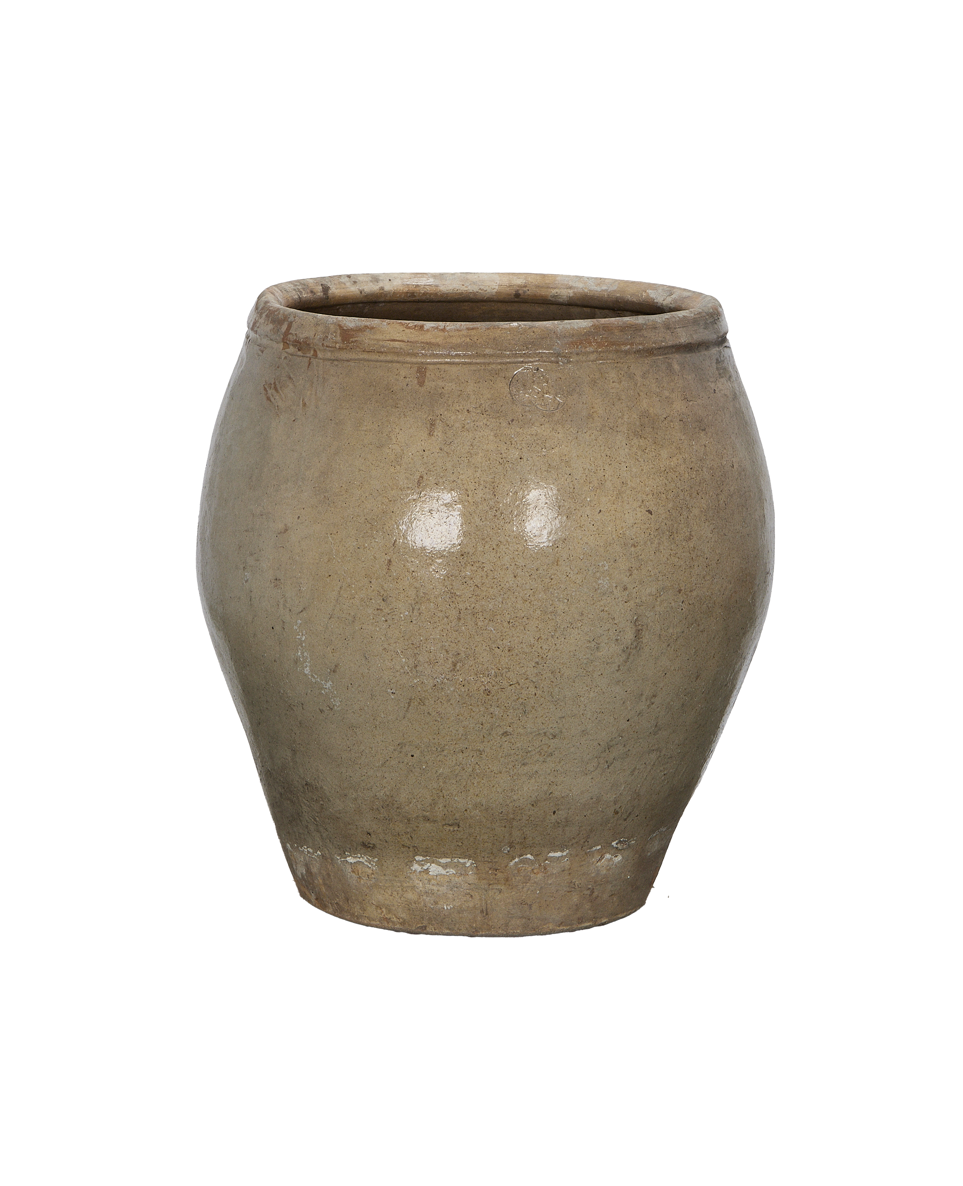Vintage Chinese plum planter, oak-colored stoneware, showcasing fine detailed texture.