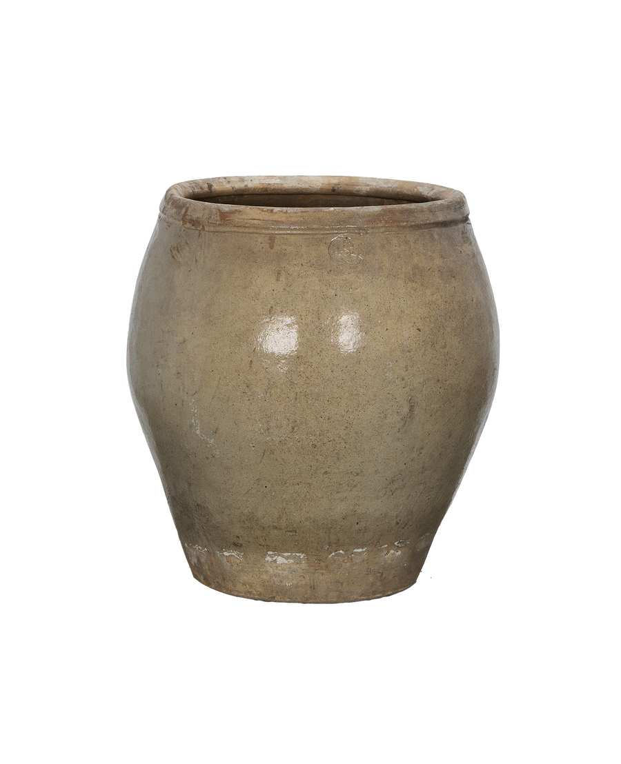 Vintage Chinese plum planter, oak-colored stoneware, showcasing fine detailed texture.