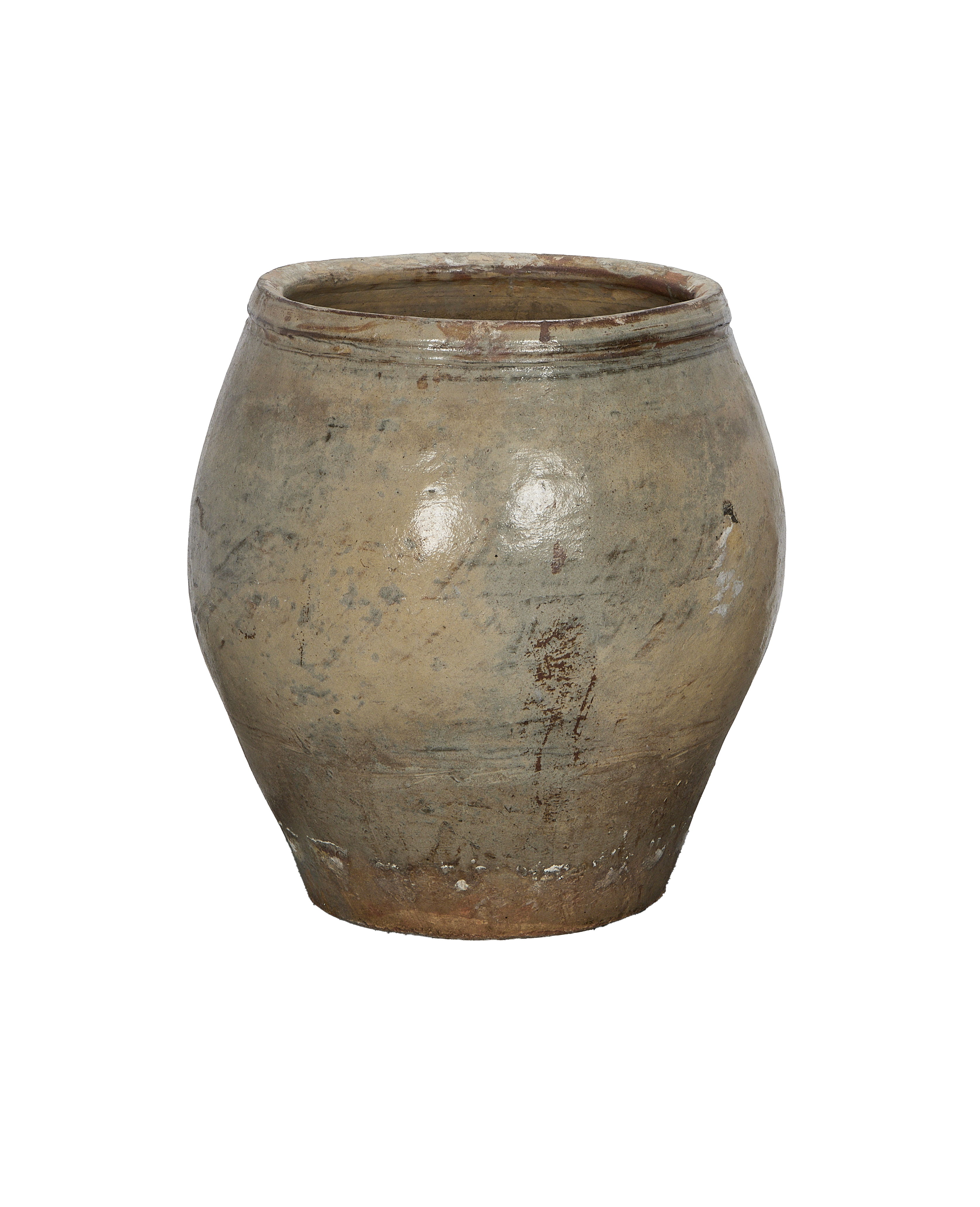 Vintage Chinese plum planter, faded gray-green glazed earthenware, rustic textured surface, aged condition.