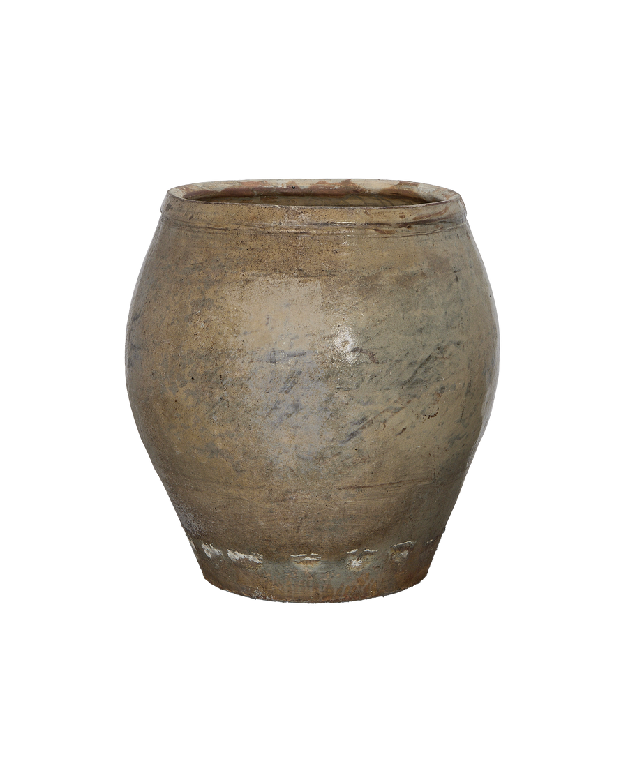 Vintage Plum Planter from China, showcasing distressed glaze texture and condition.