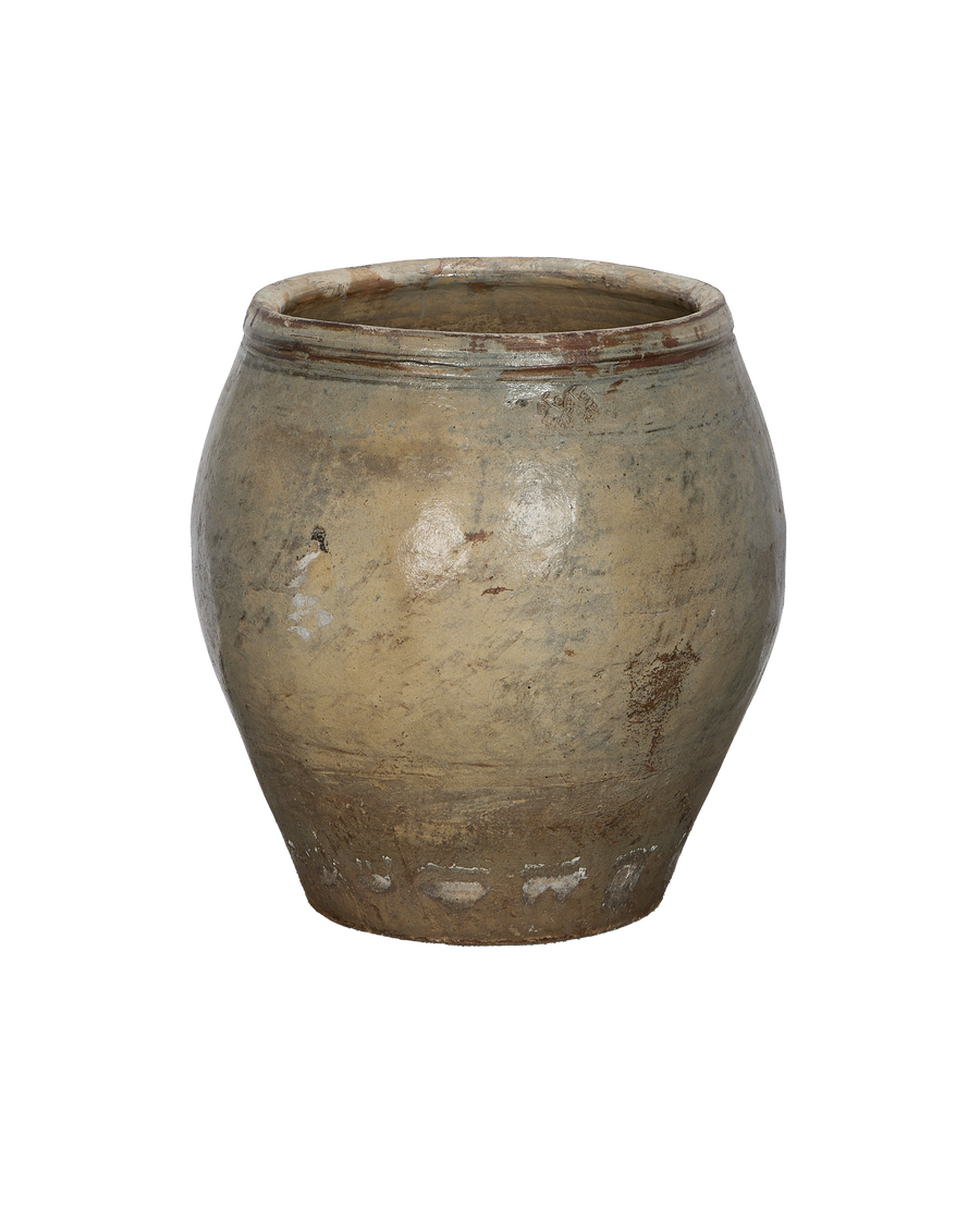 Vintage Chinese OAK plum planter, close up showing distressed, weathered details.