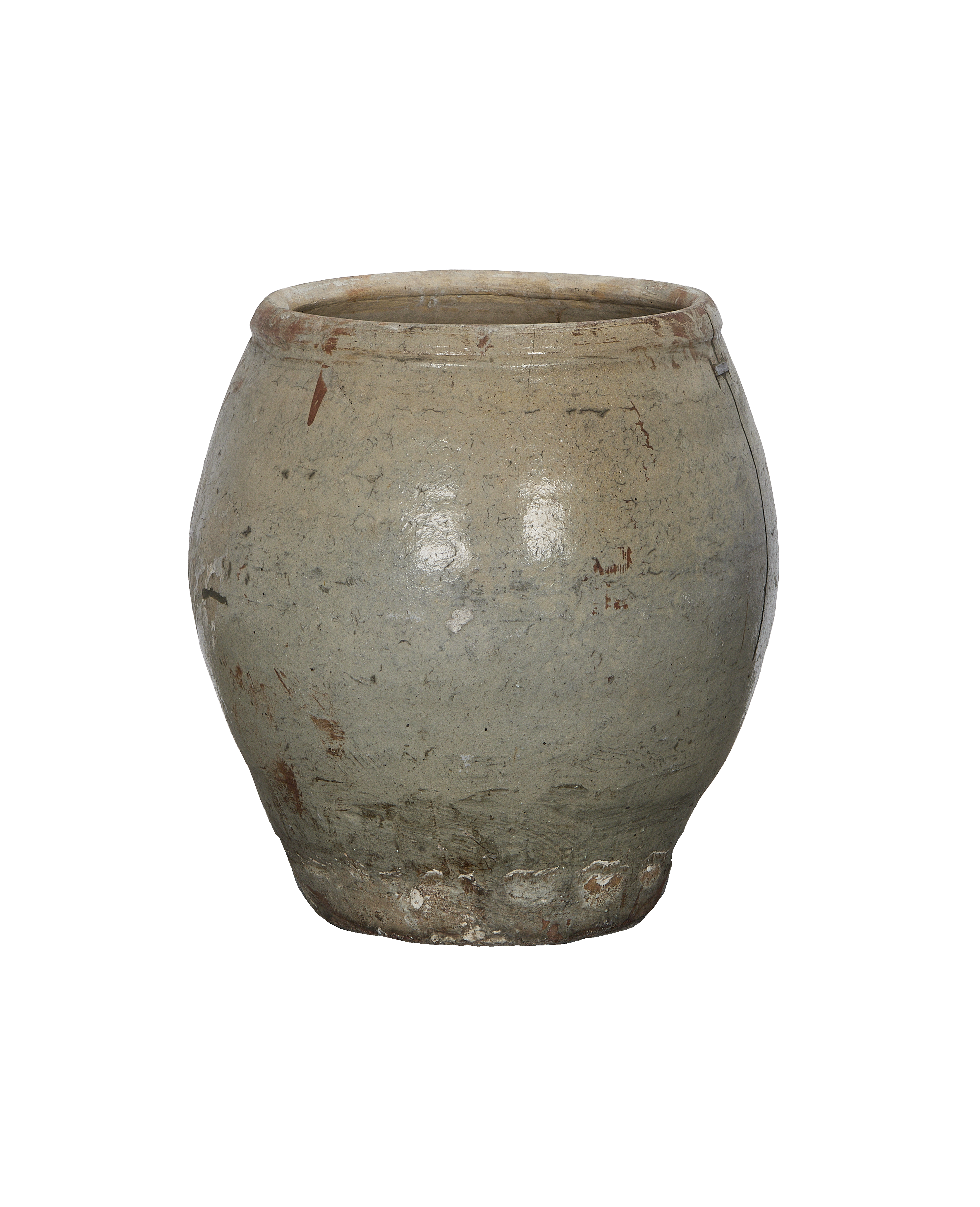 Vintage Chinese plum planter, oak, distressed gray finish, with subtle cracks.