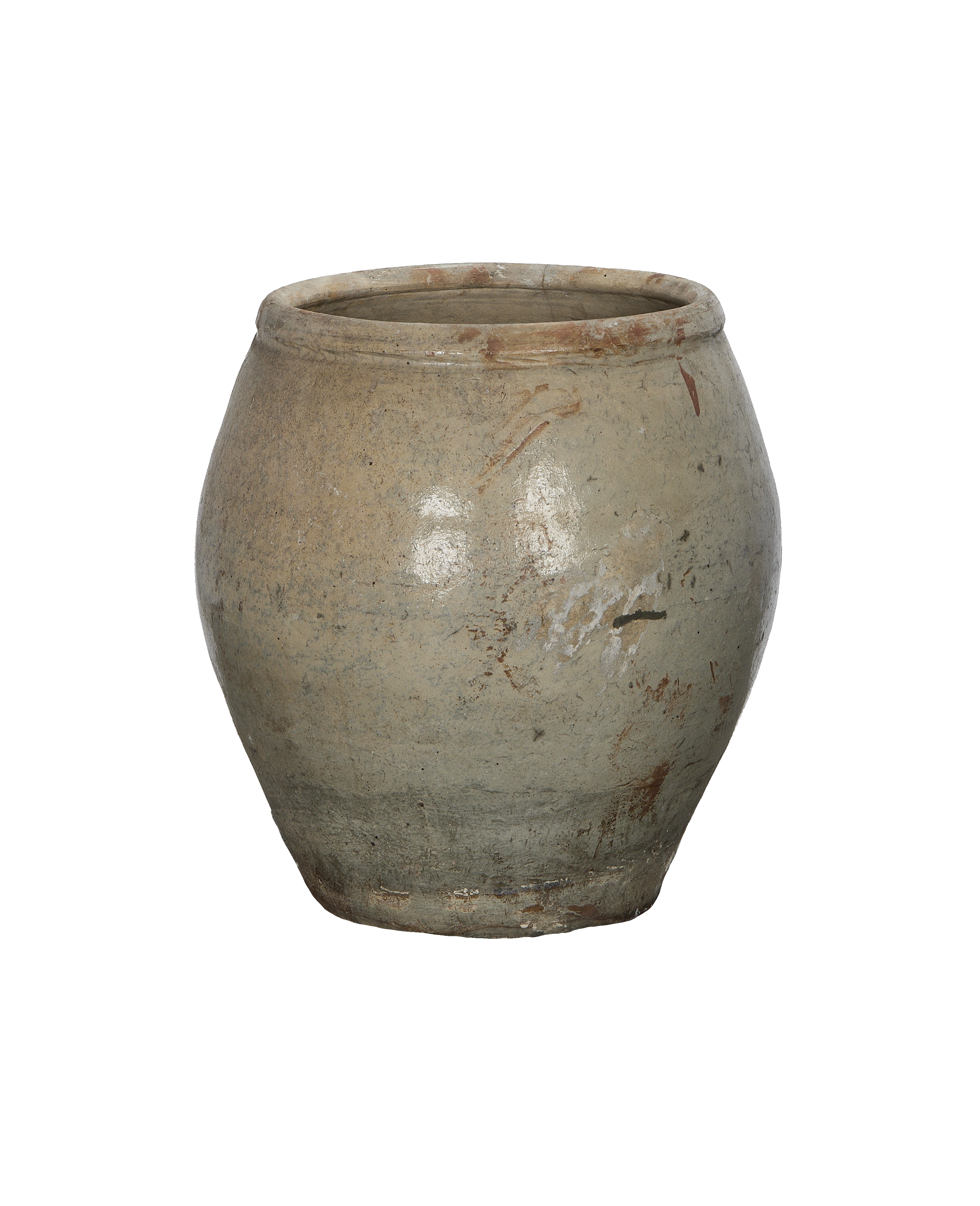 Vintage Chinese OAK plum planter, close up showing the coarse textured, weathered ceramic surface with light wear.